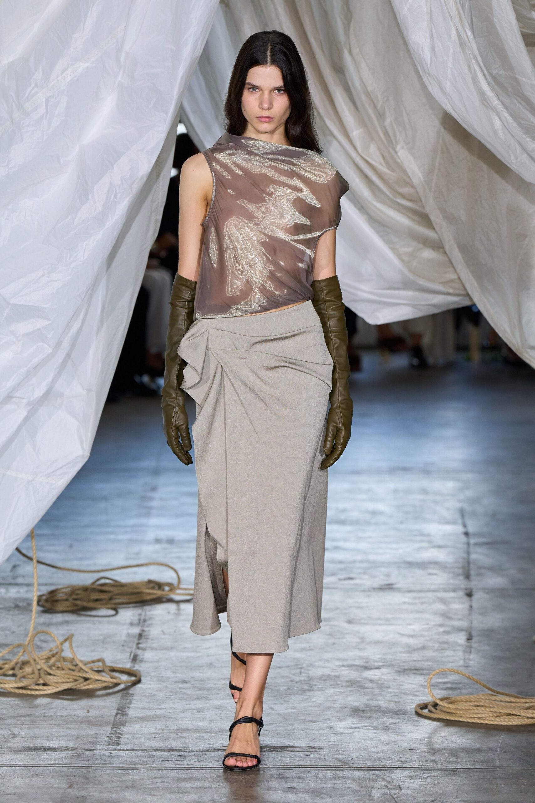 beige silk sleeveless high-neck fitted draped top