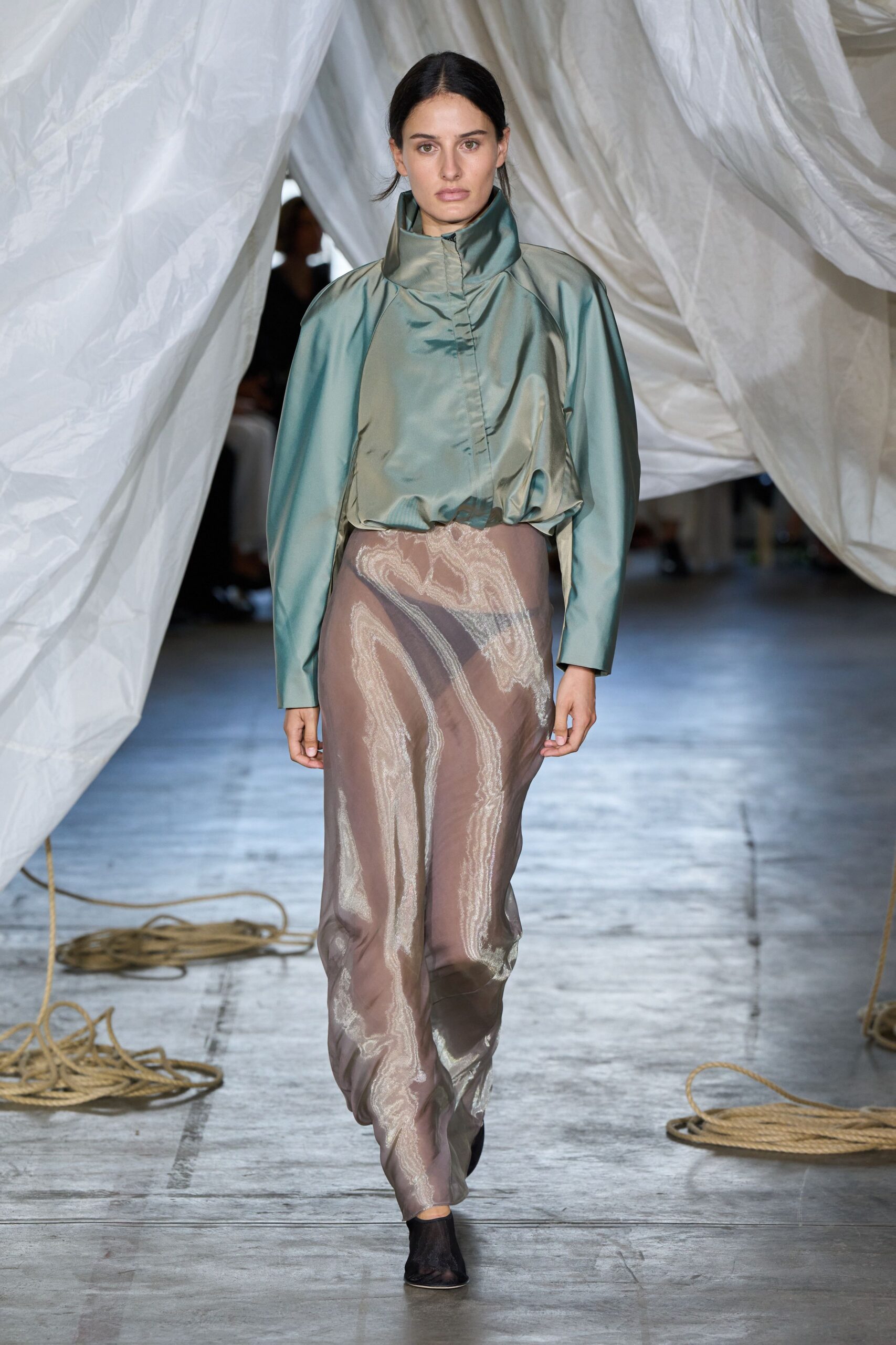 teal silk long-sleeve collared relaxed pleated shiny top