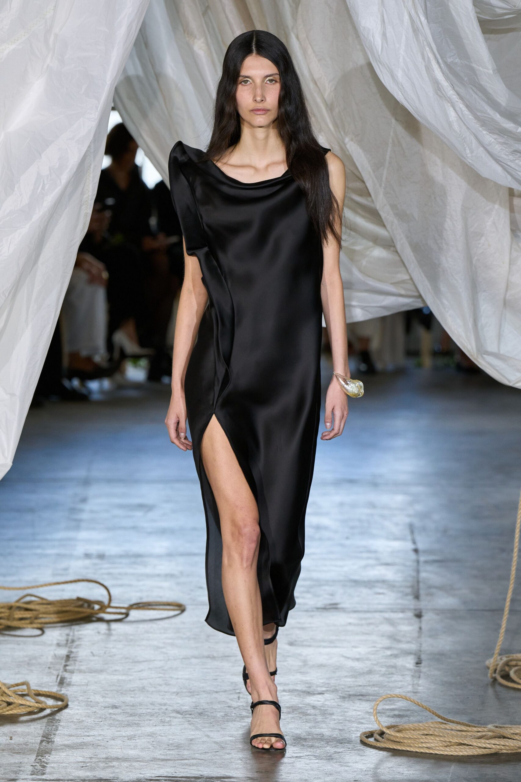 black silk sleeveless high-neck fitted draped midi dress