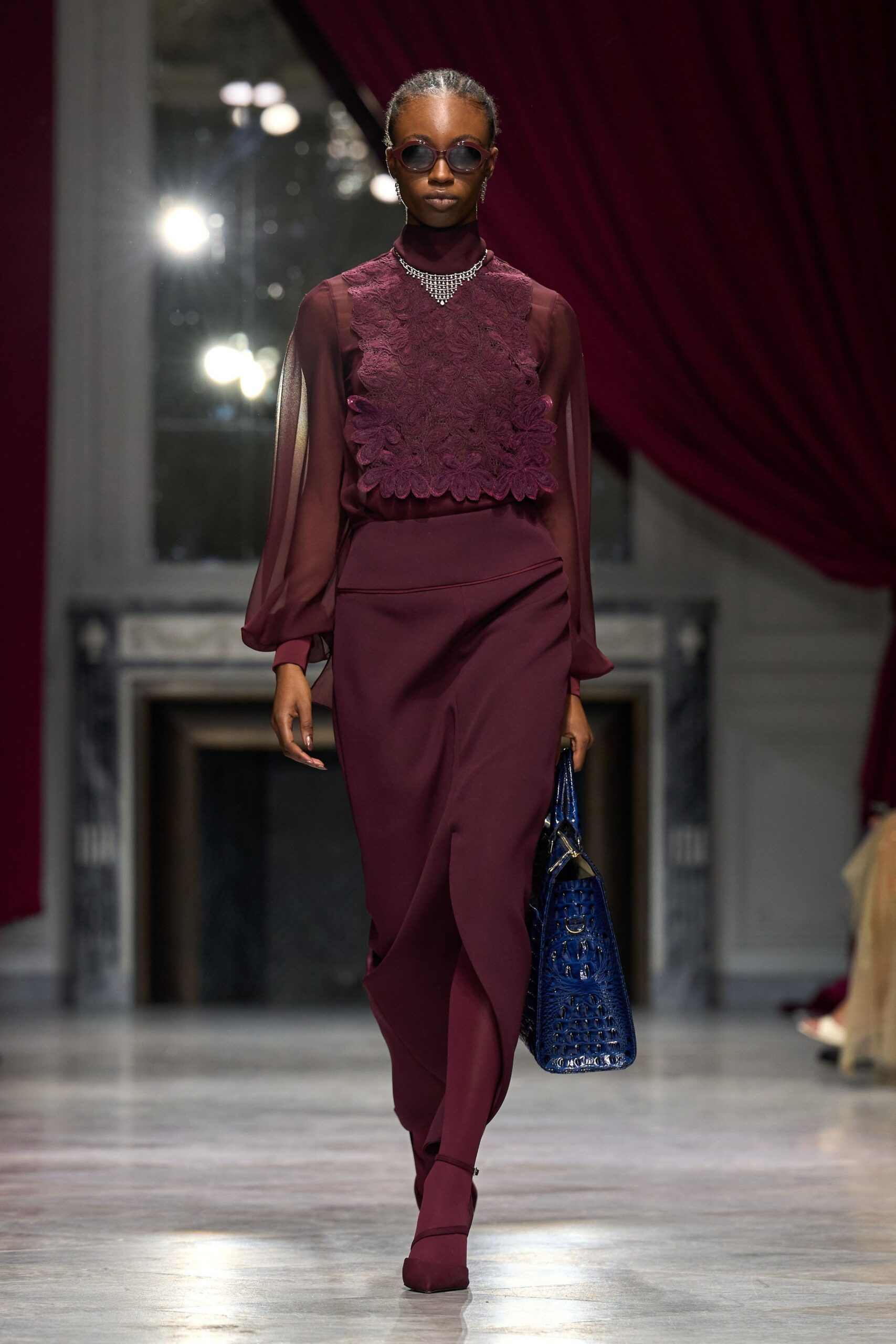 red silk long-sleeve high-neck fitted embroidered blouse