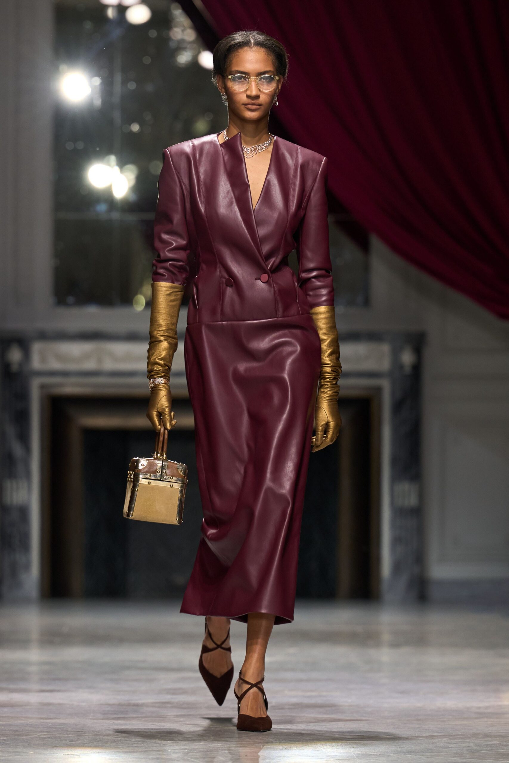 maroon leather long-sleeve v-neck fitted pencil midi dress