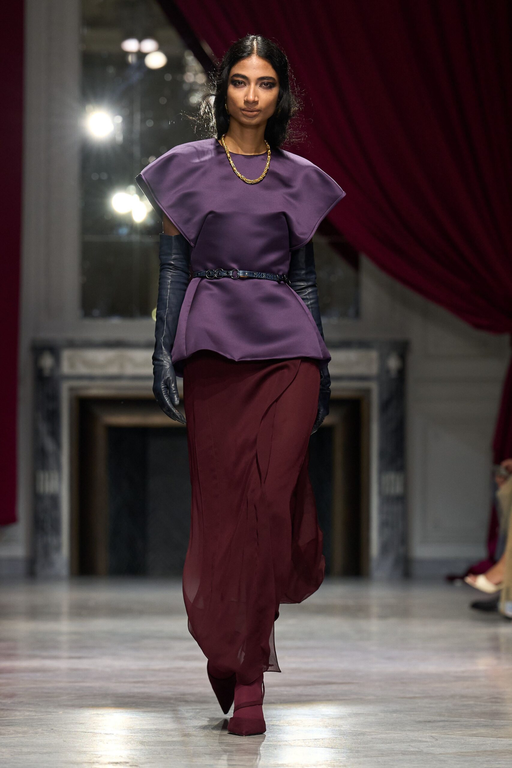 purple silk short-sleeve high-neck fitted flared top