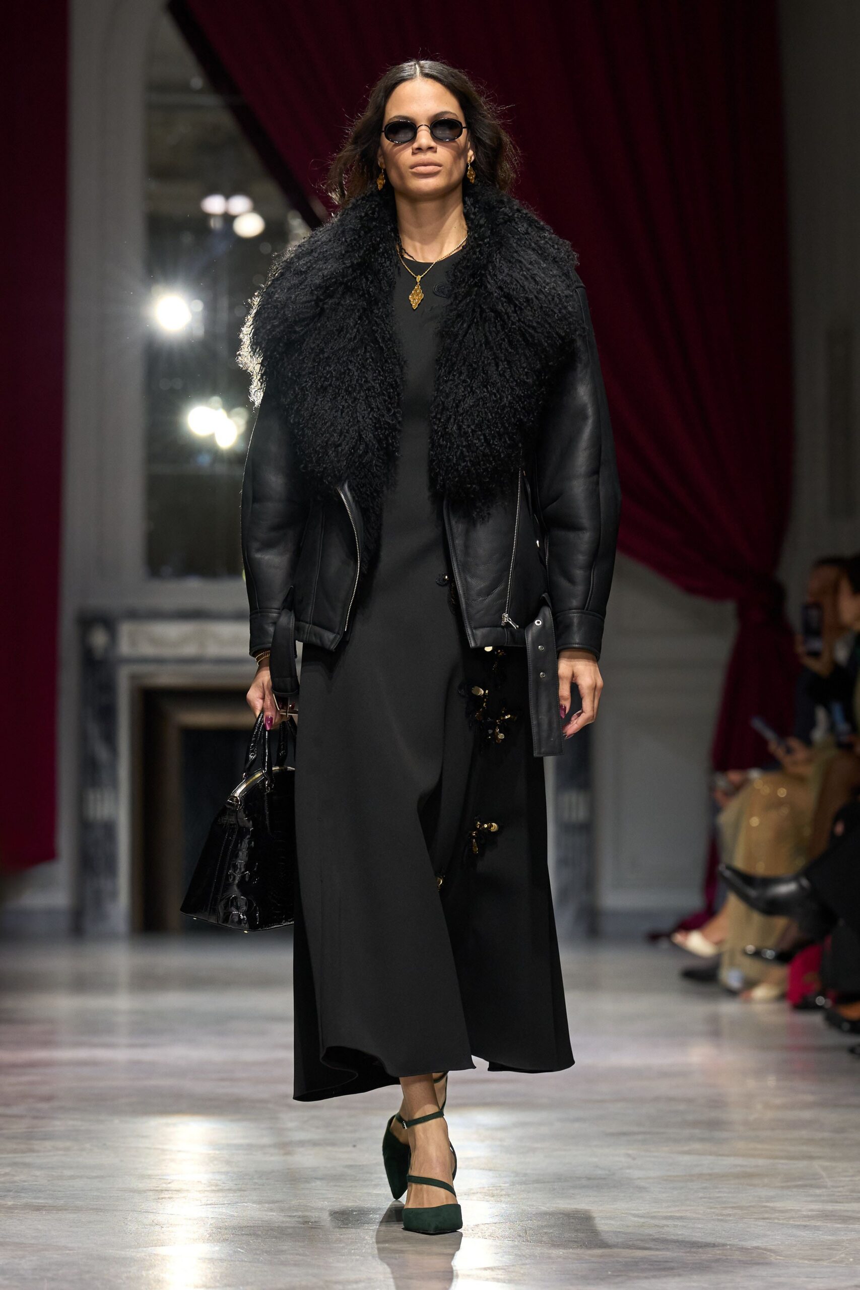 black leather long-sleeve collared structured zippered jacket