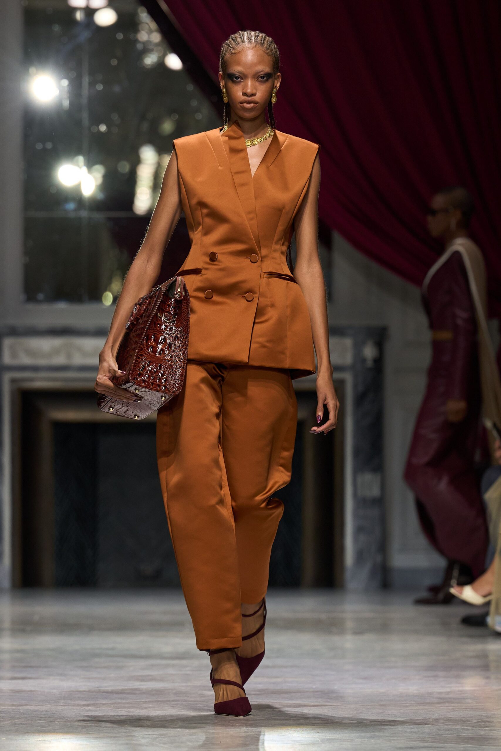 orange cotton sleeveless collared tailored buttoned suit