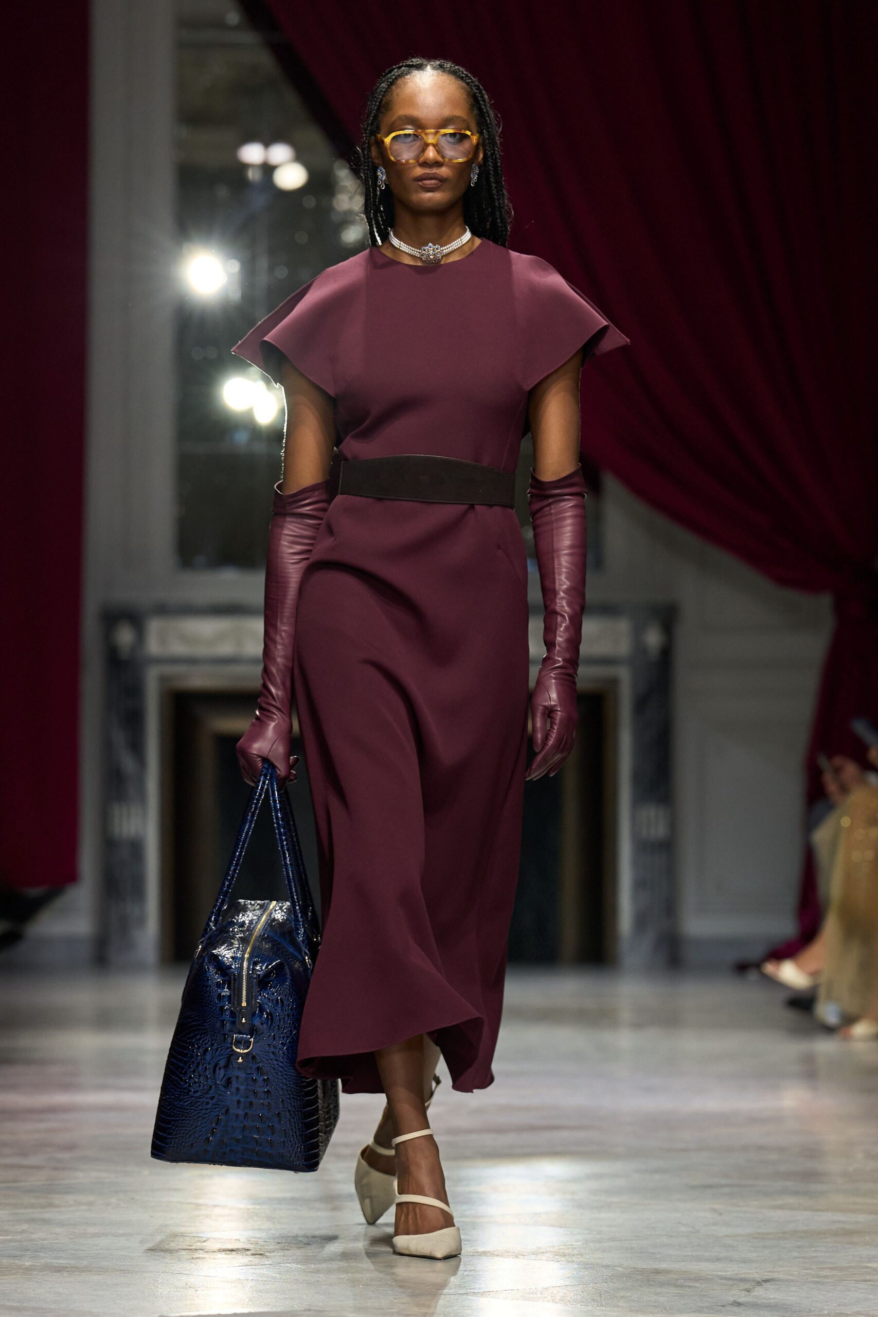 maroon silk short-sleeve v-neck fitted midi dress