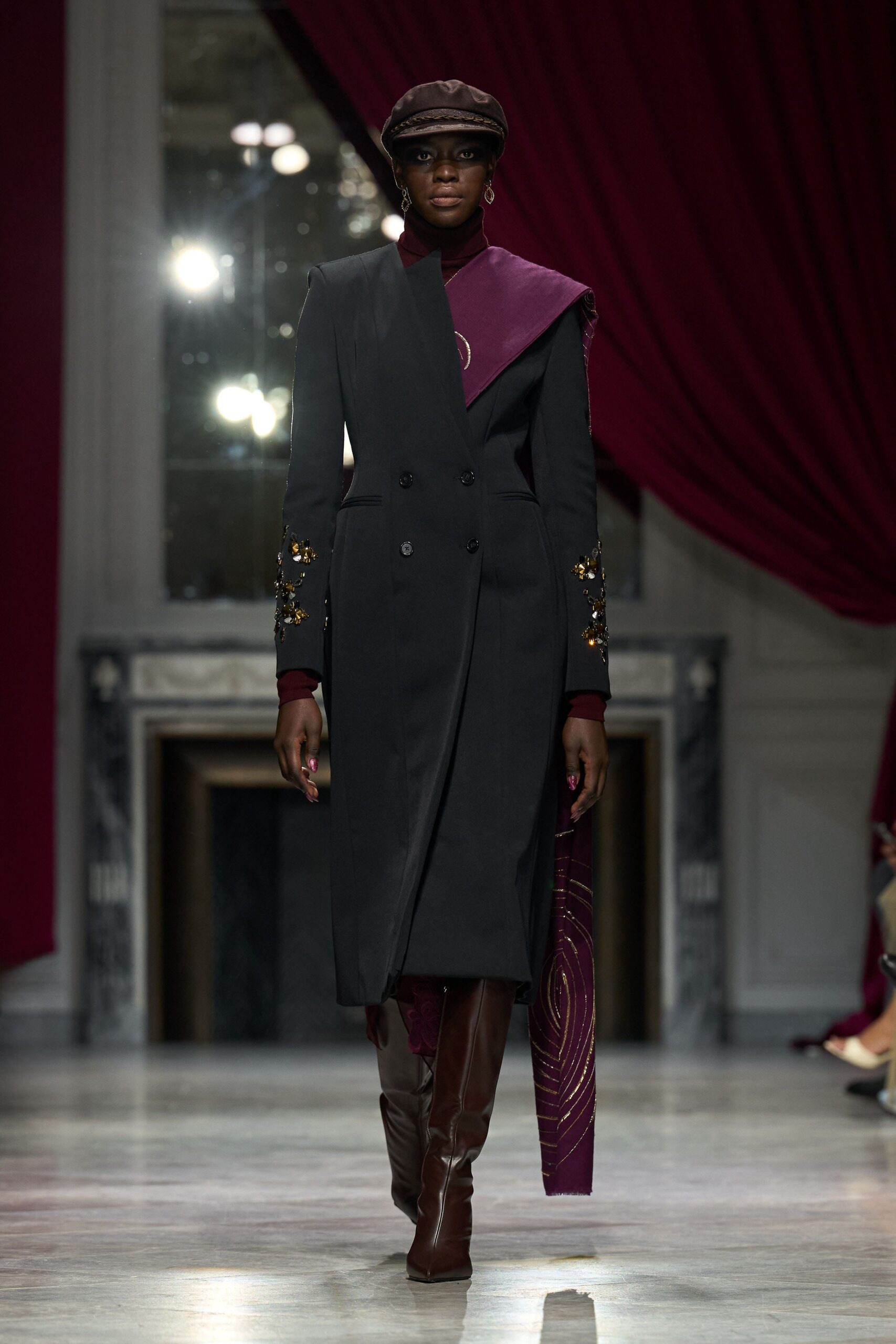 purple silk high-neck fitted top