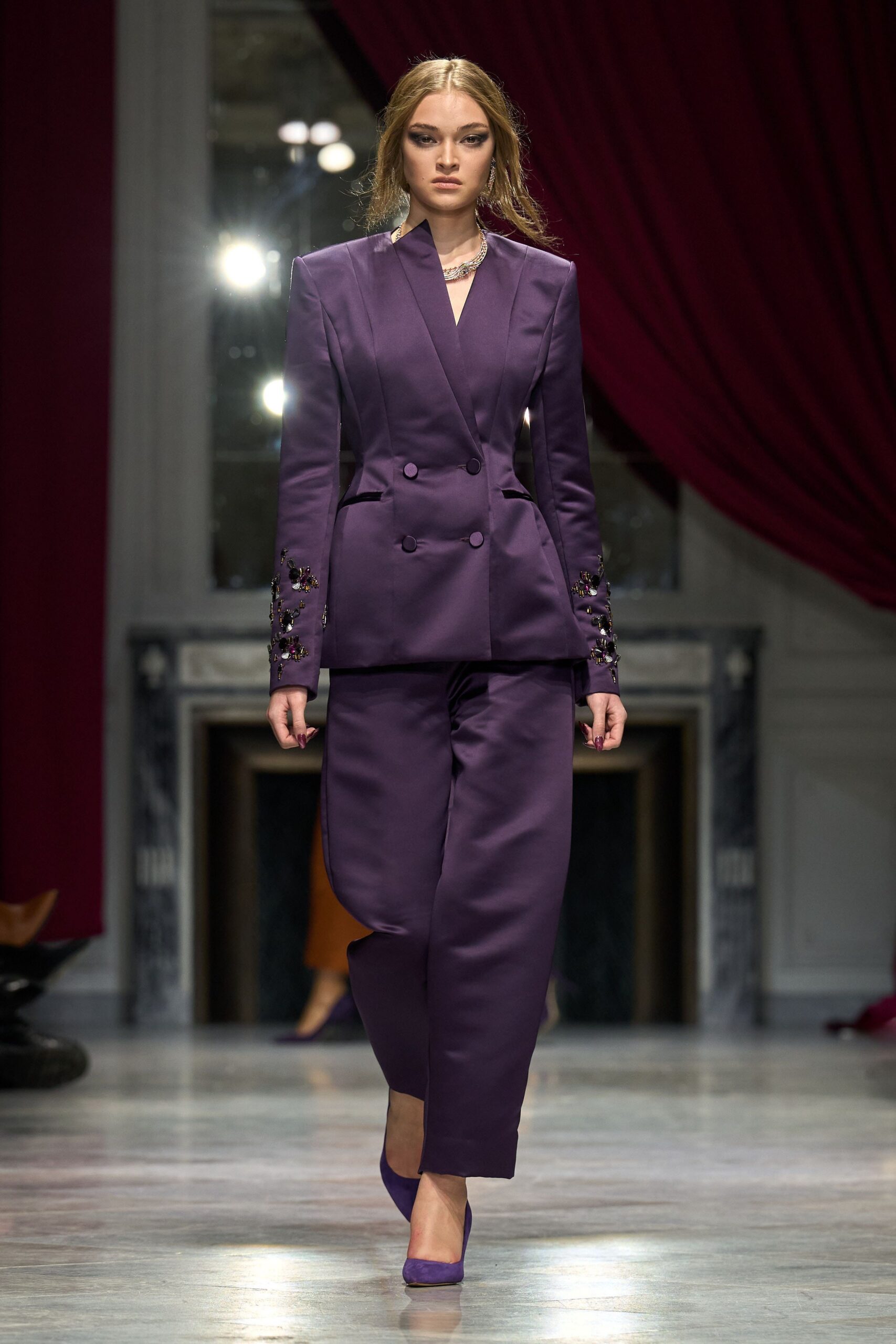 purple silk tailored straight-leg pants