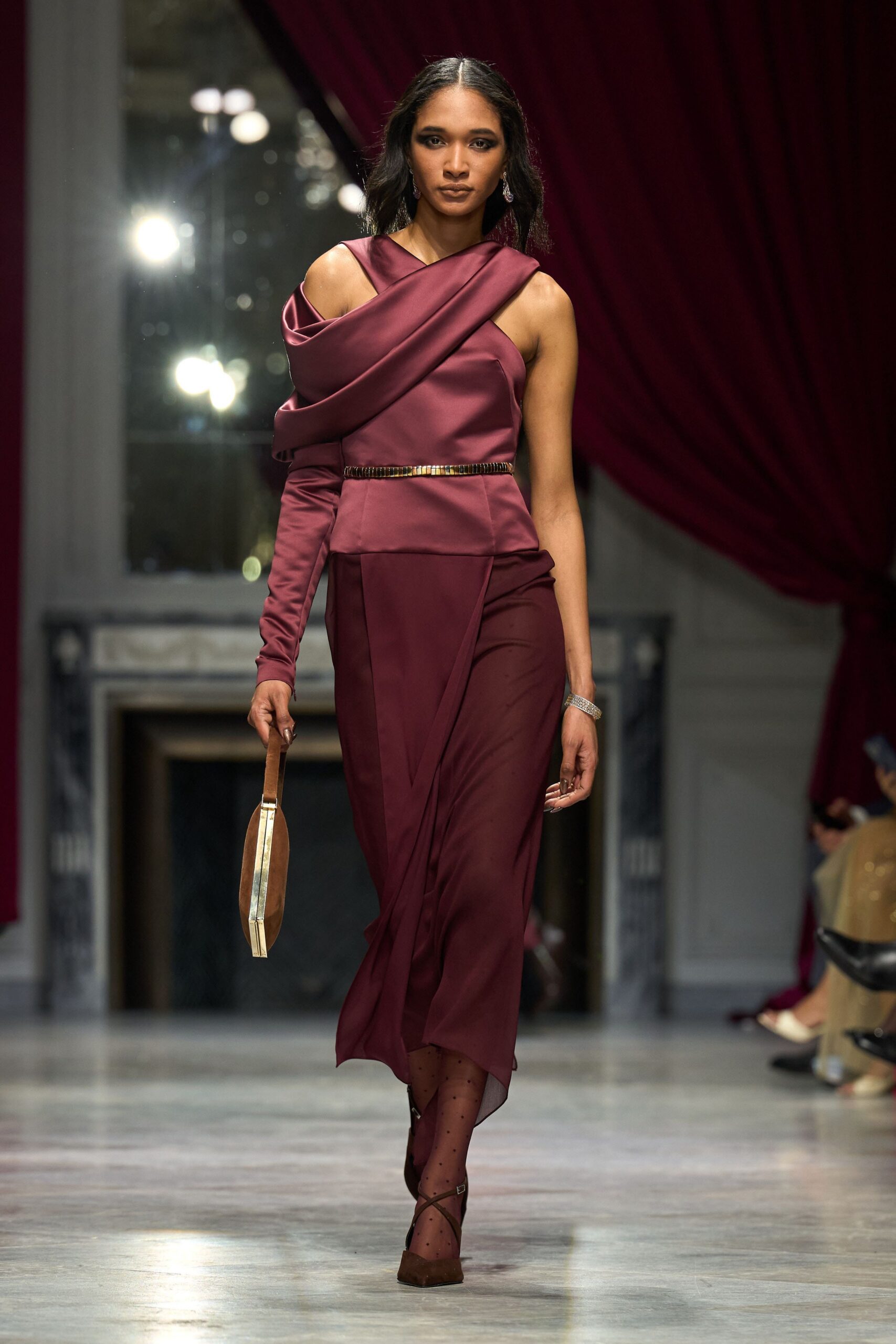 maroon silk long-sleeve off-shoulder fitted draped belted dress