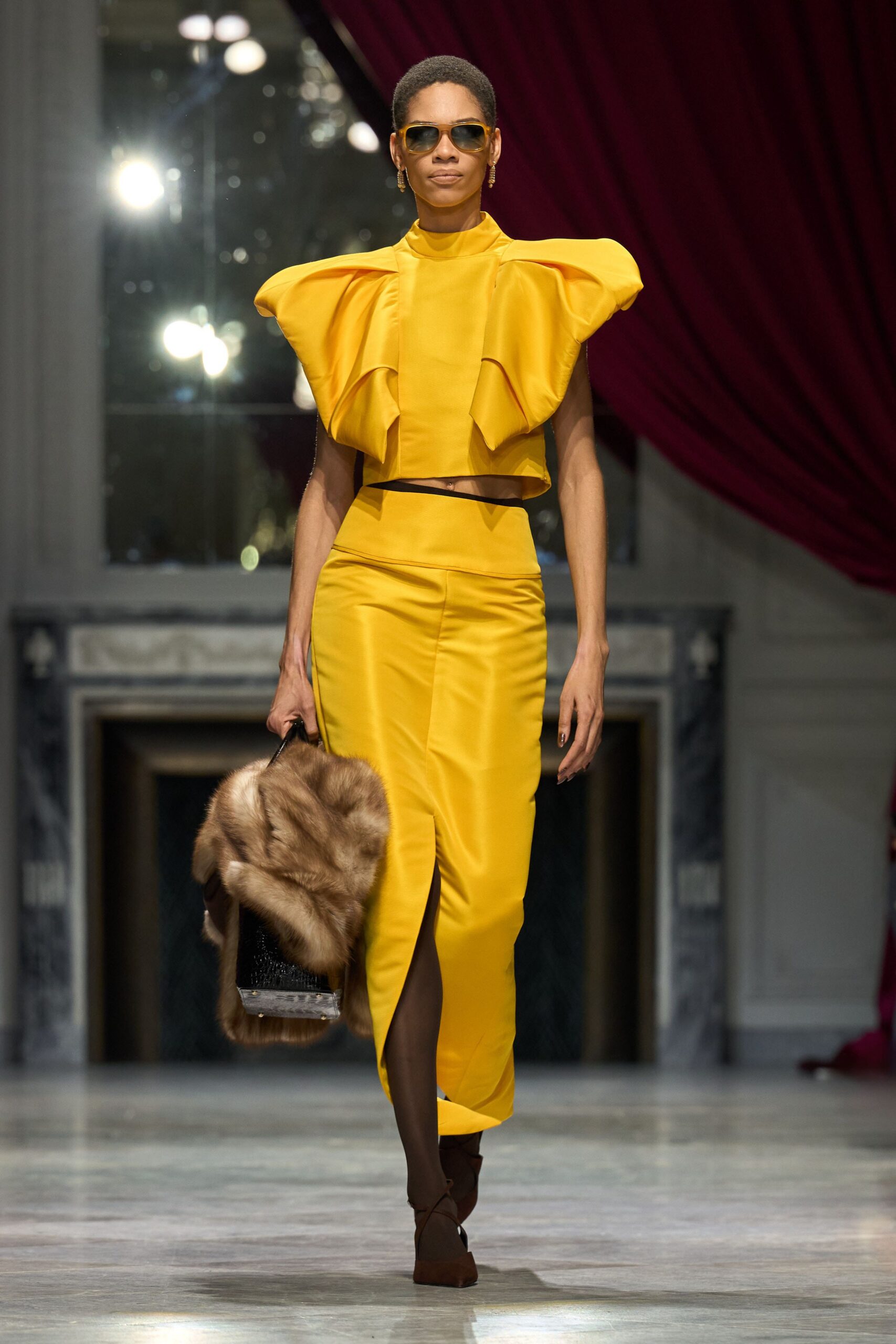 yellow silk short-sleeve high-neck fitted ruffled midi dress