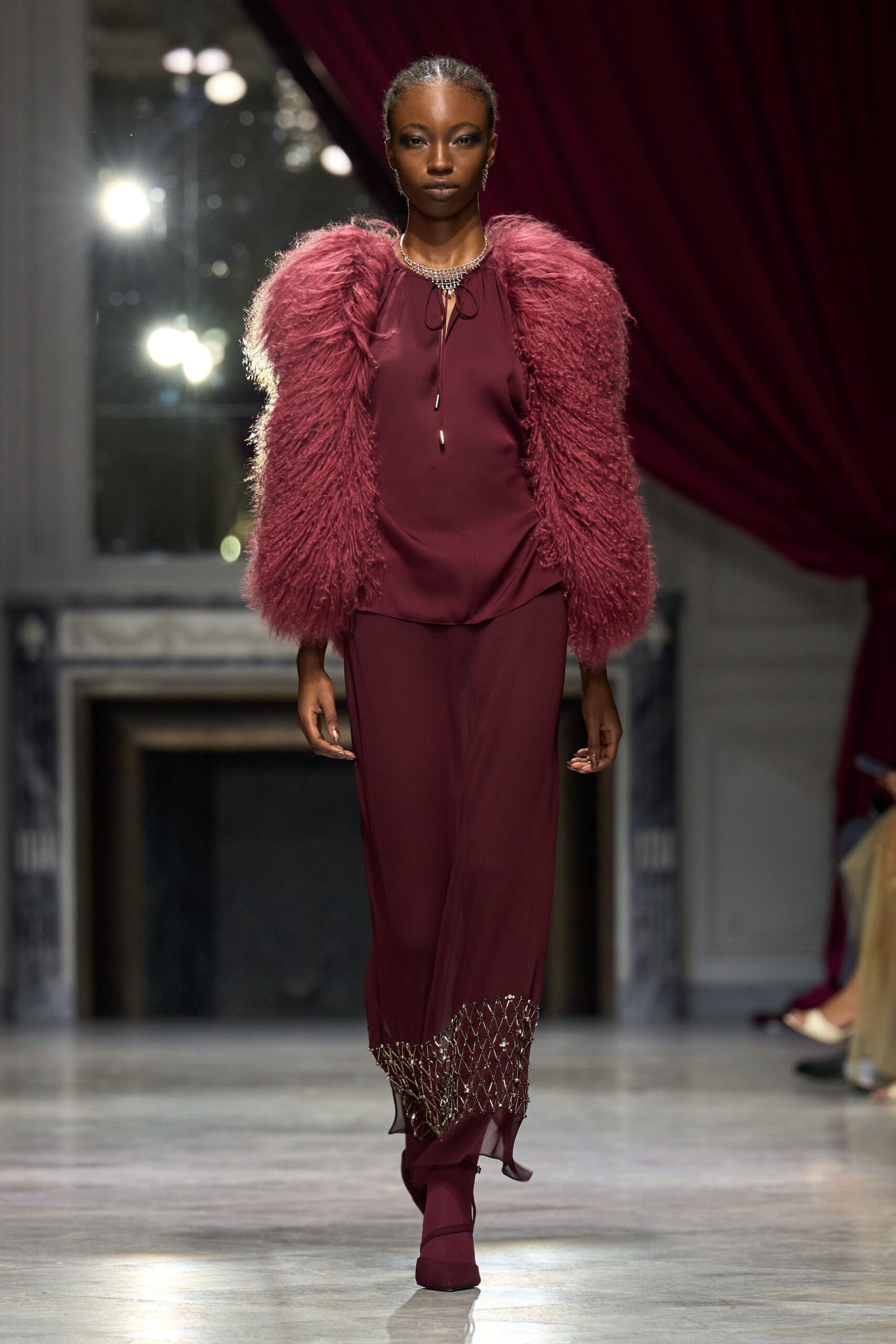 maroon silk long-sleeve v-neck fitted top