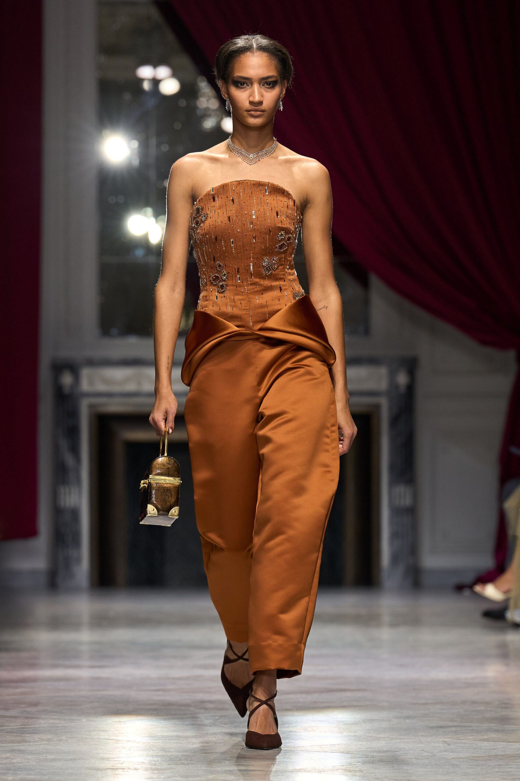 orange silk strapless fitted embroidered ruched top