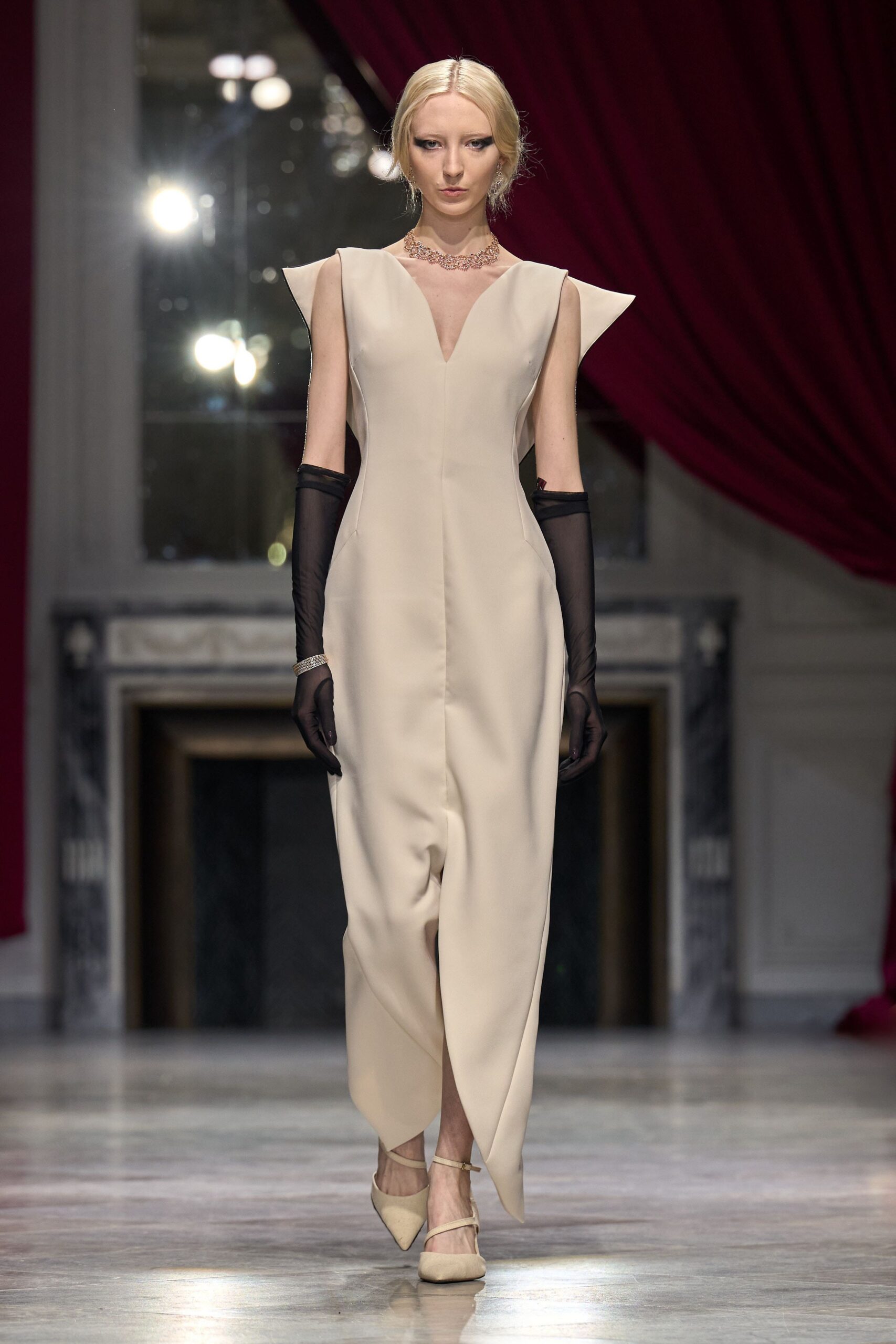 beige silk sleeveless v-neck fitted structured midi gown