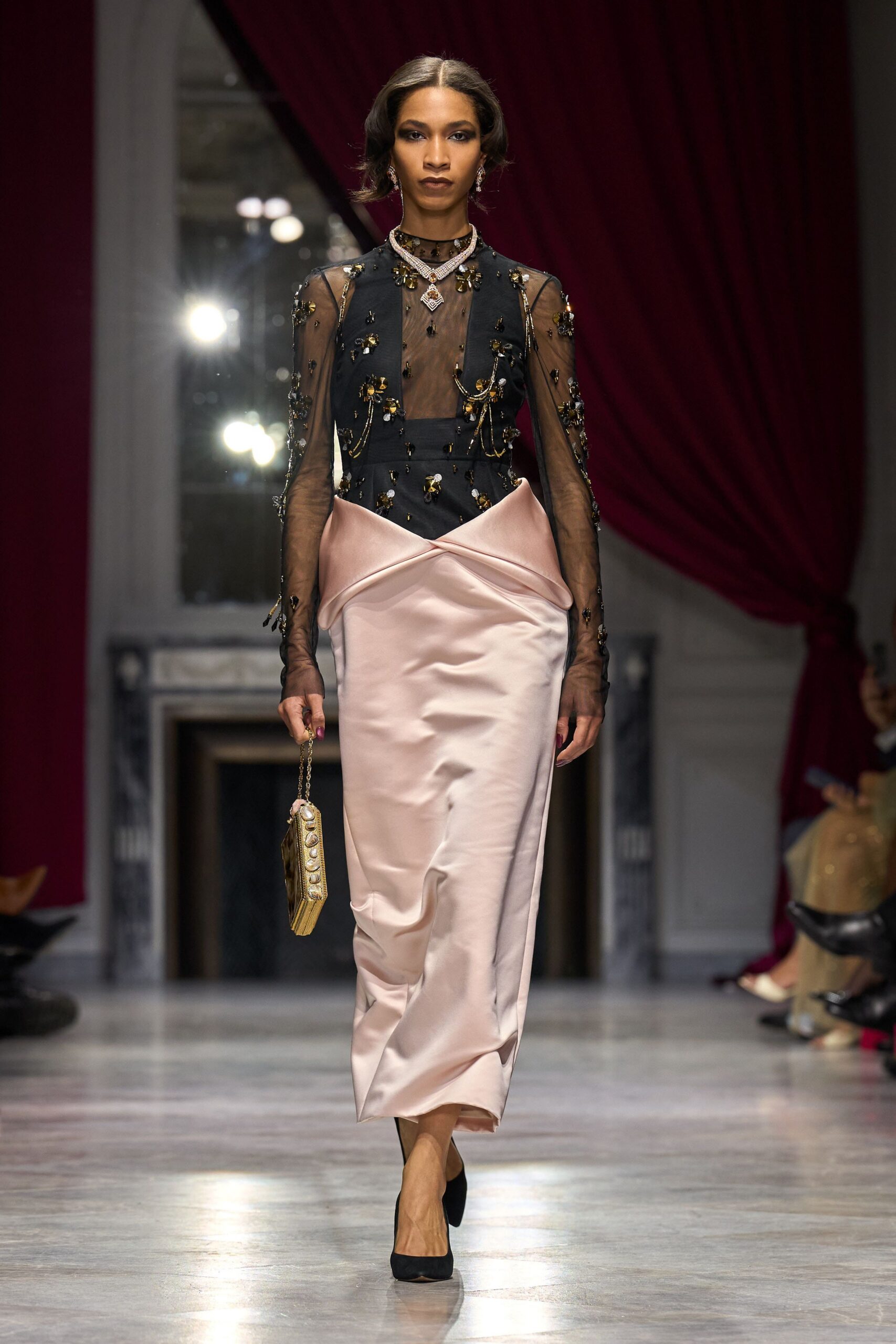 black and pink embroidered midi dress