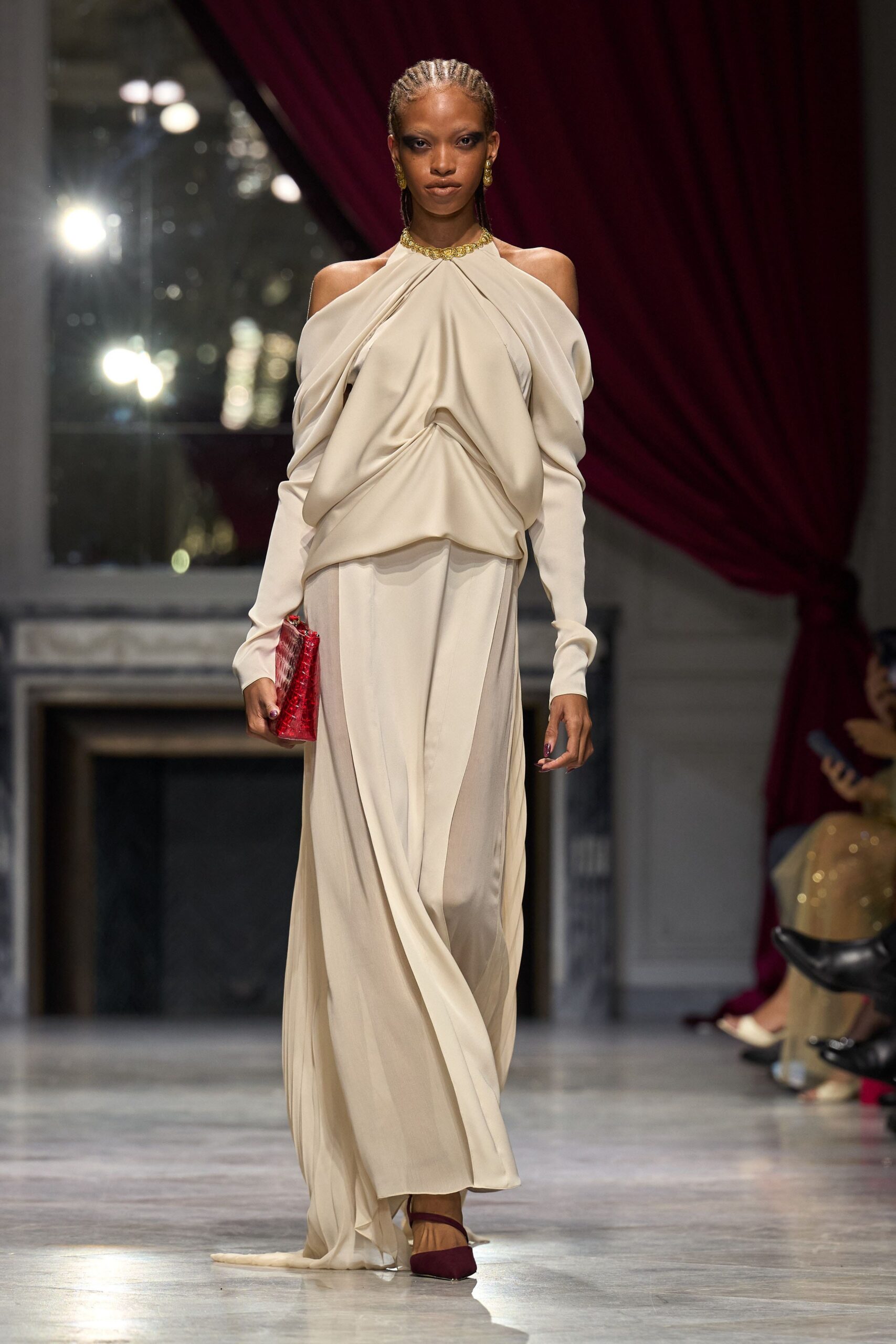 beige silk long-sleeve off-shoulder fitted draped flowing gown