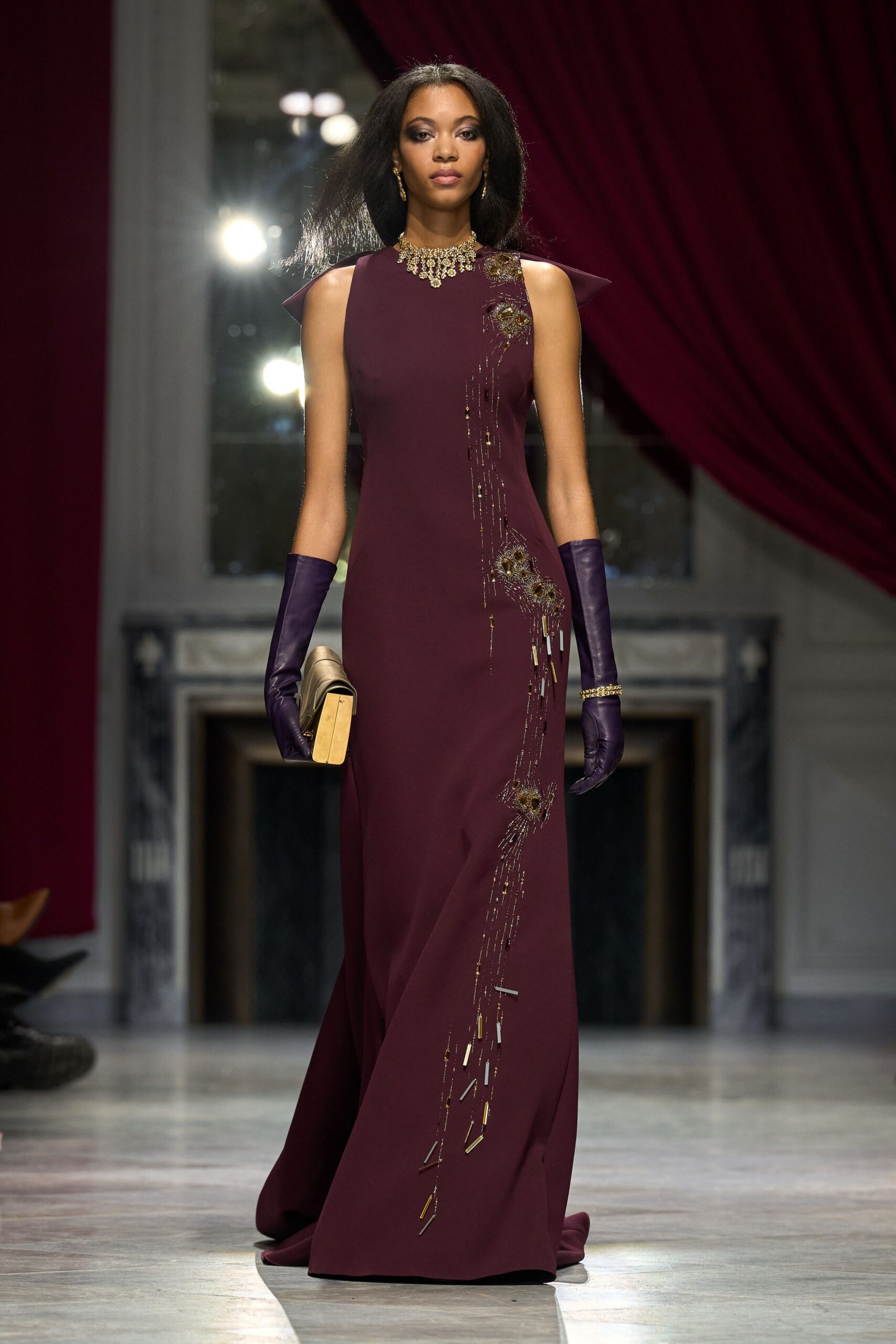 maroon silk sleeveless high-neck fitted embroidered draped gown