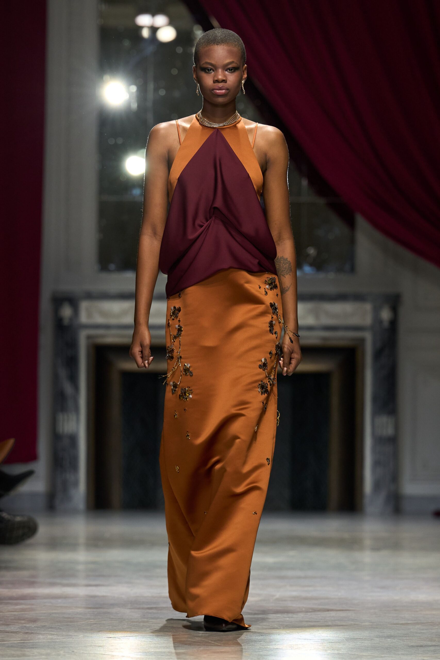 orange maroon halterneck embroidered dress