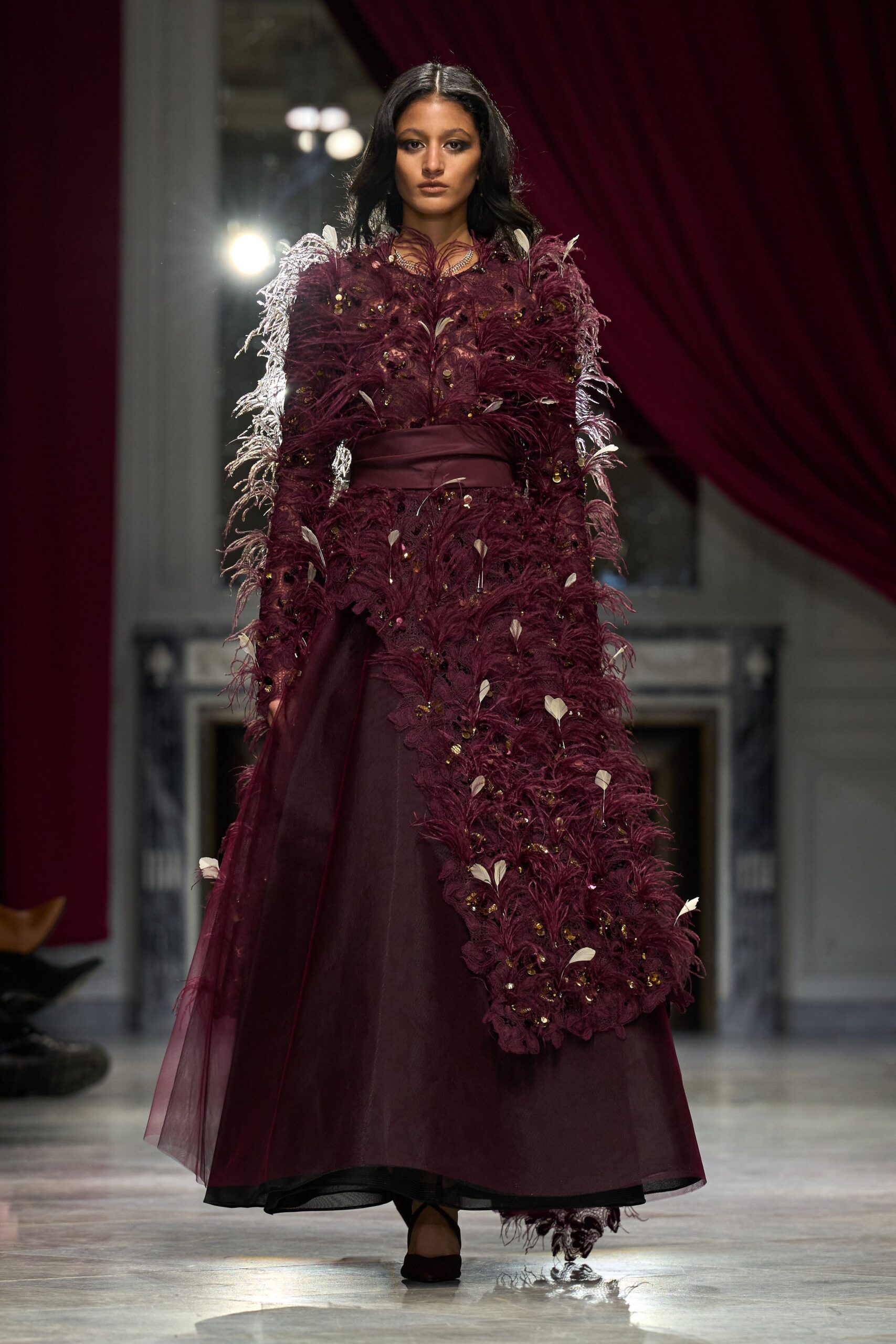 maroon embellished long-sleeve gown