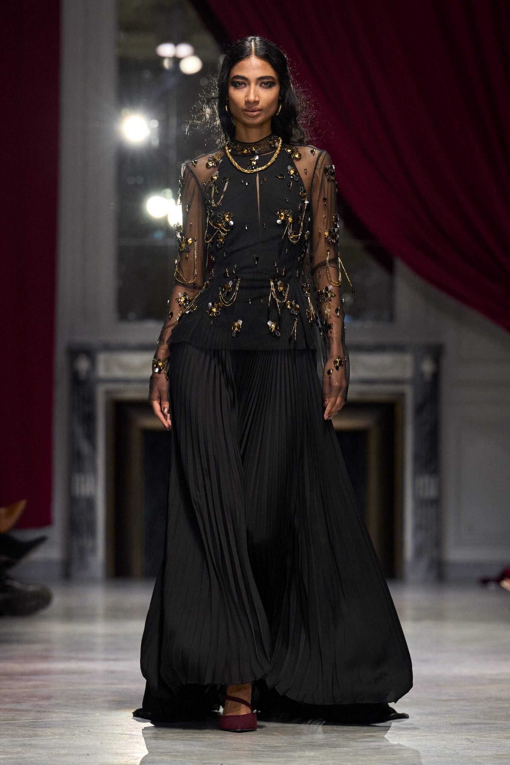 black silk long-sleeve high-neck fitted pleated embroidered top