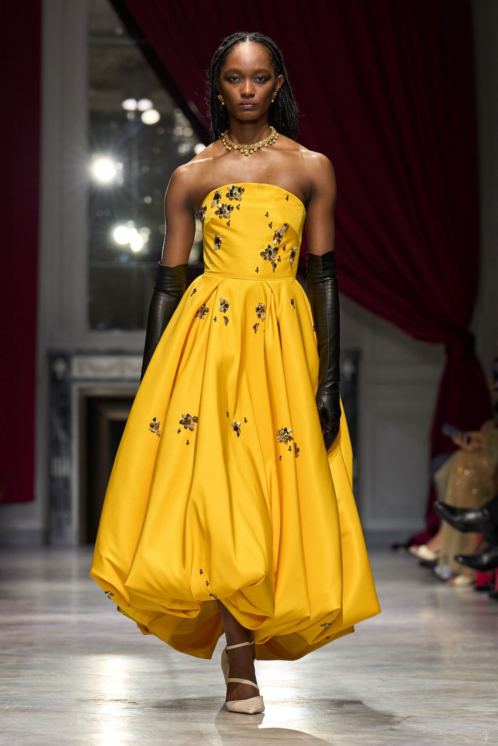 yellow silk strapless fitted embroidered pleated maxi gown
