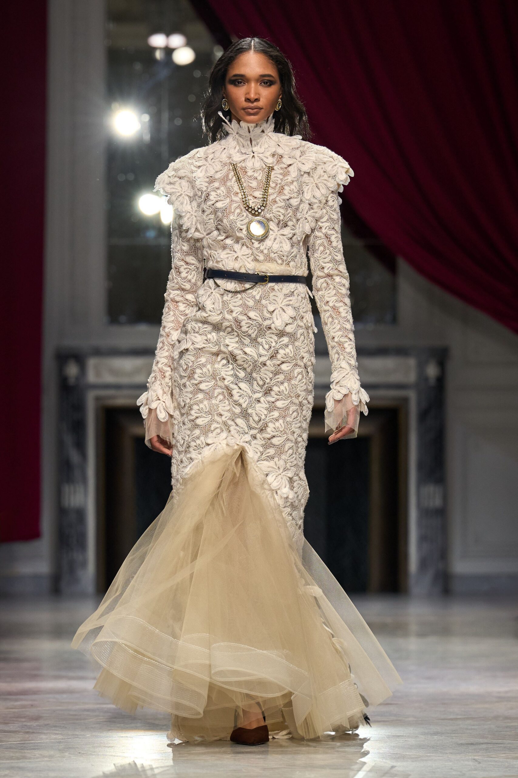 white lace long-sleeve high-neck fitted embroidered tiered gown