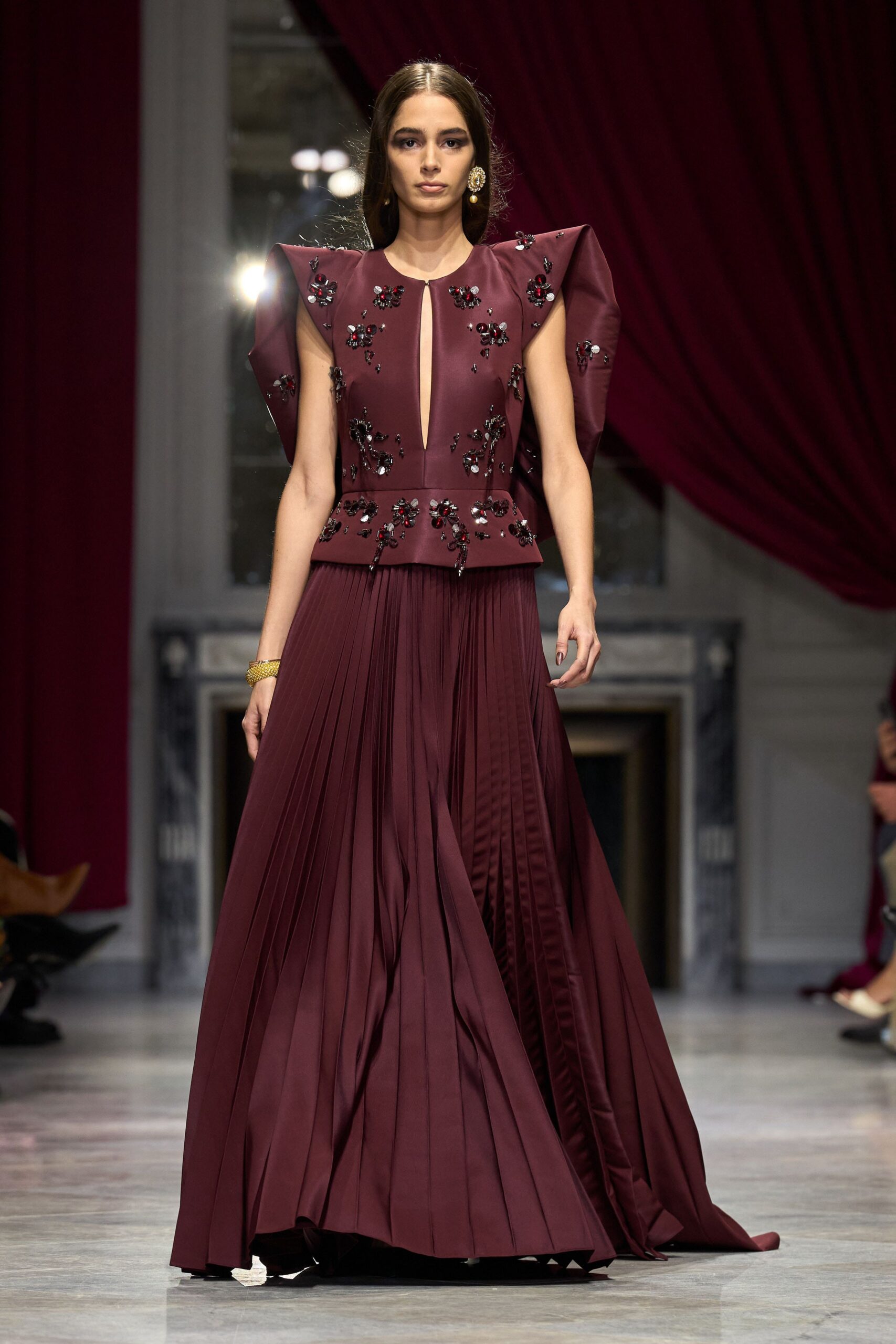 maroon silk sleeveless gown