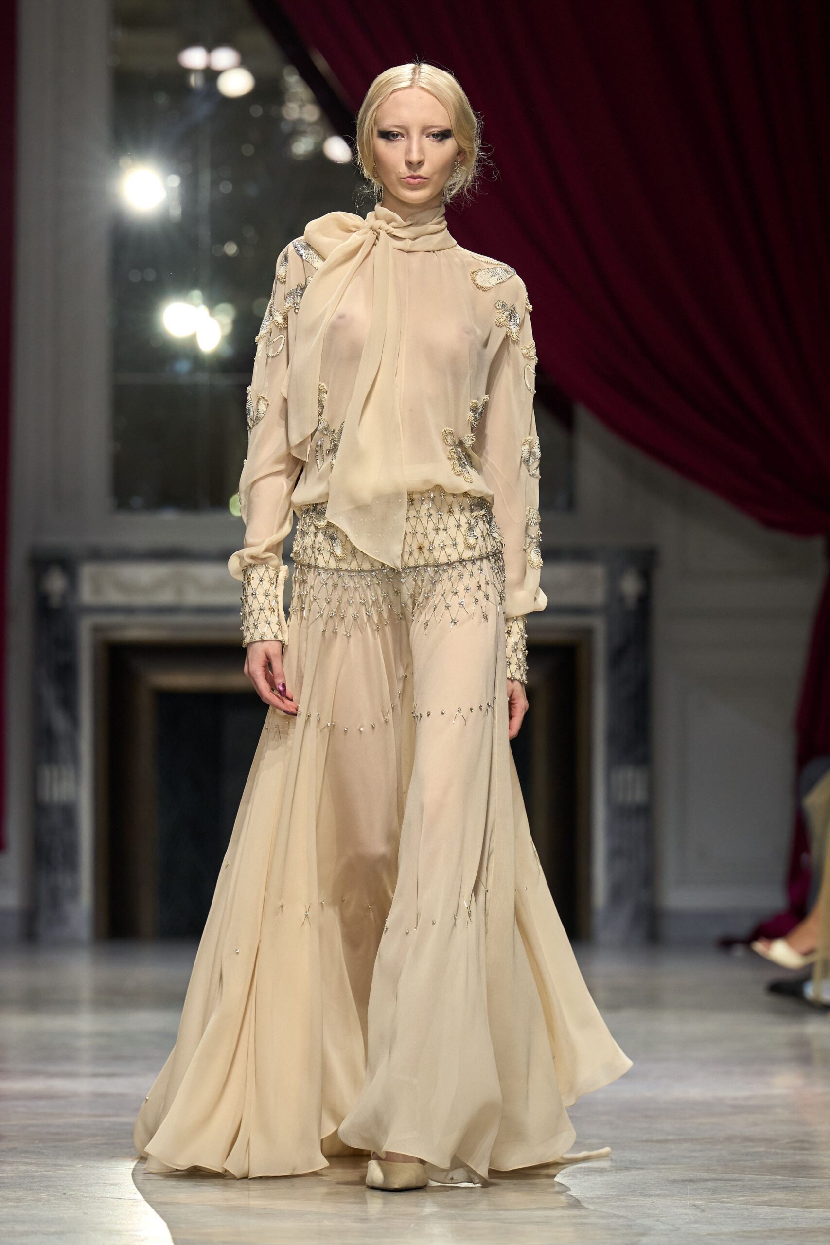 beige silk fitted high-waisted layered flowing maxi skirt