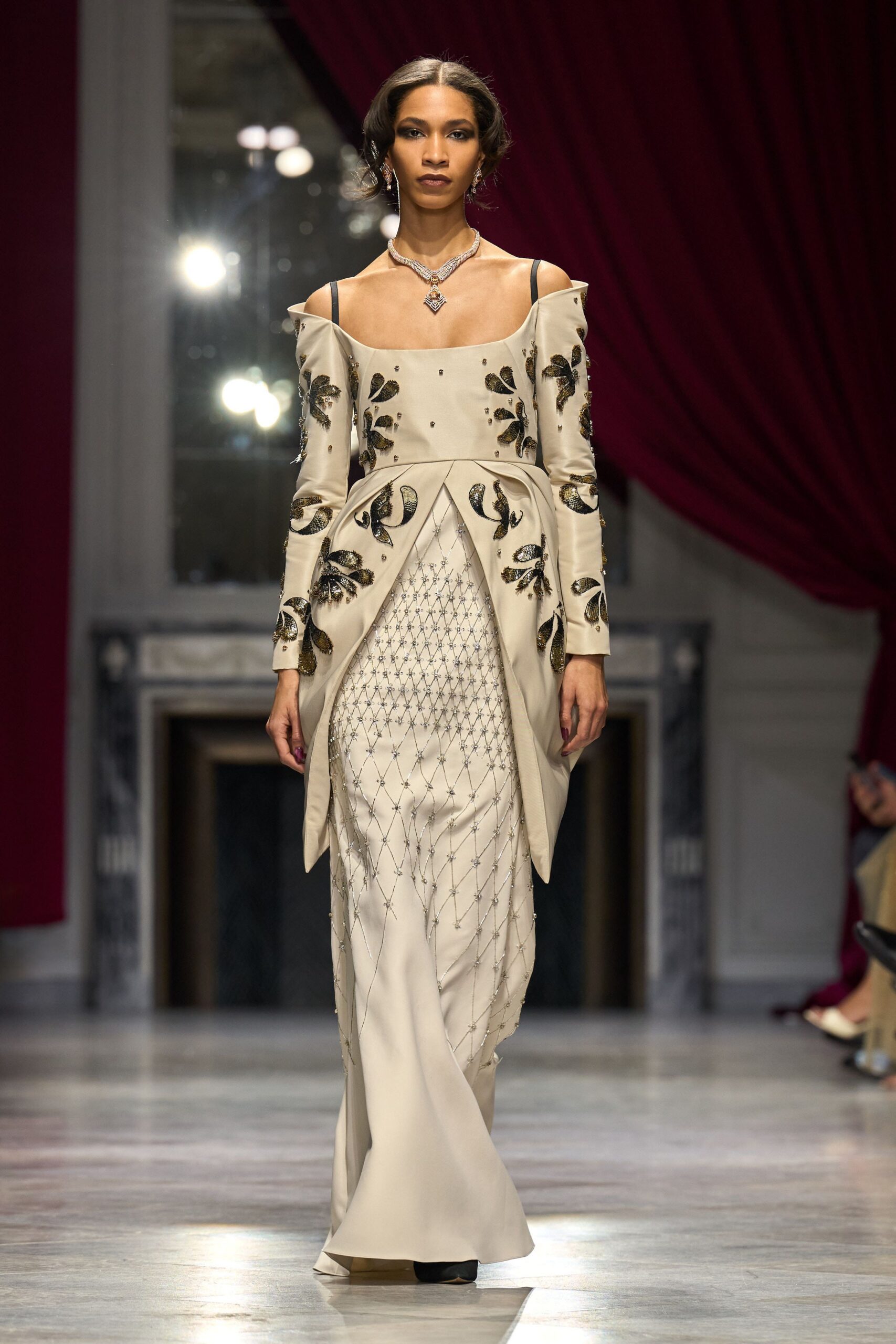 beige silk off-shoulder gown