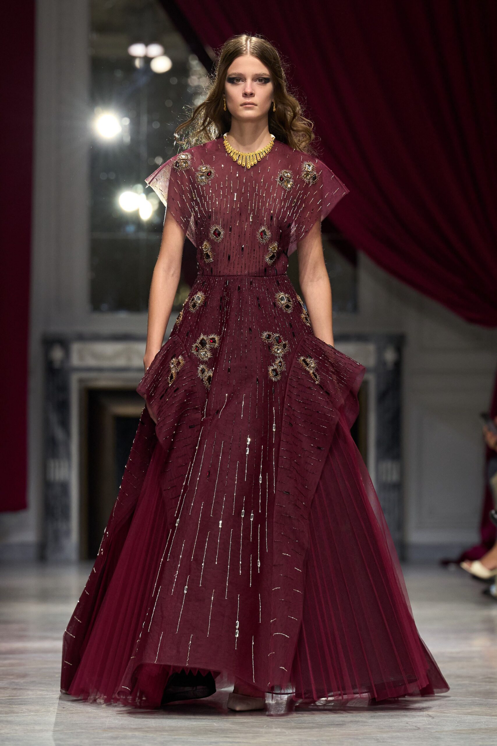 maroon embroidered sleeveless gown