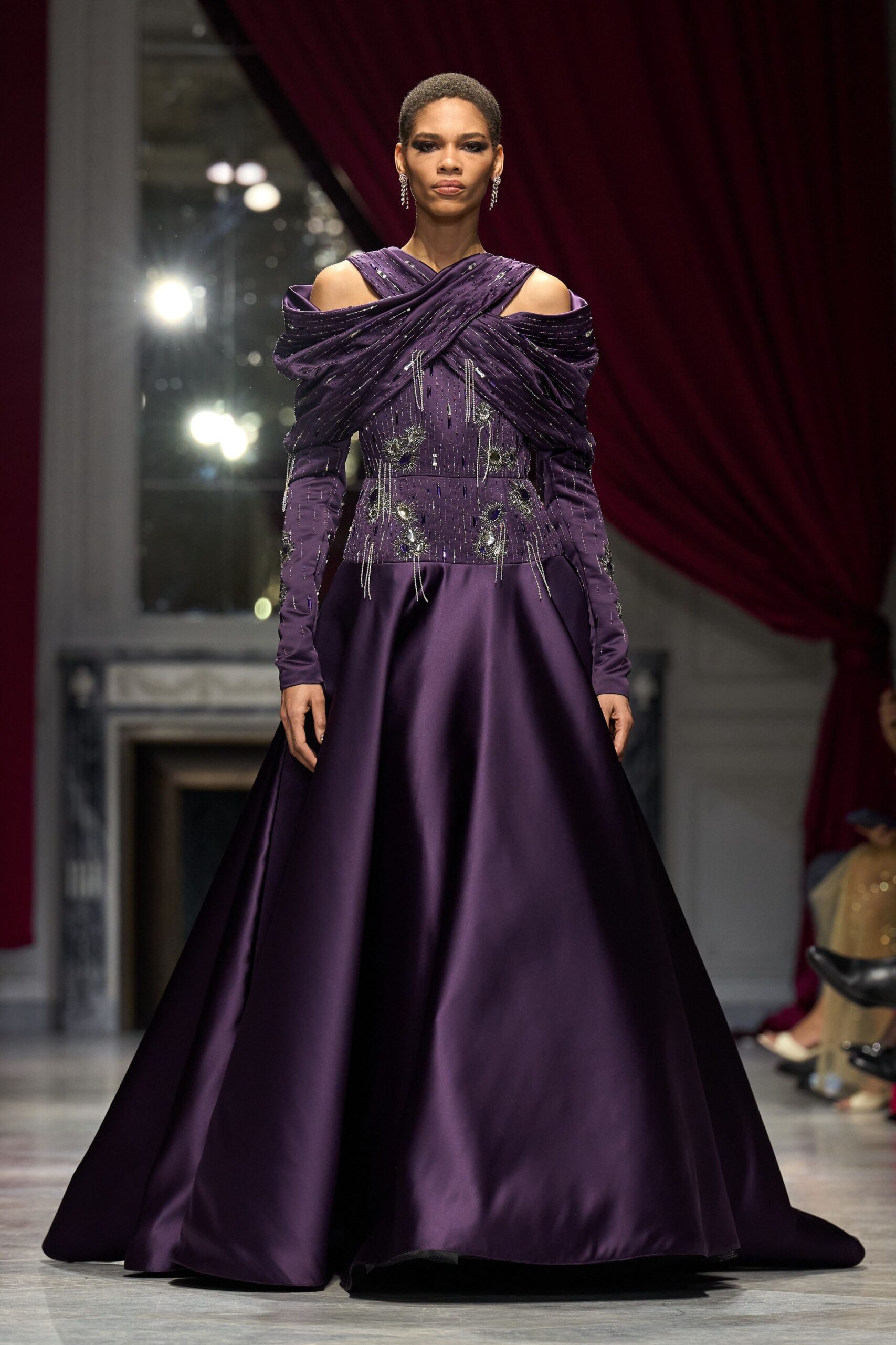 purple silk off-shoulder gown