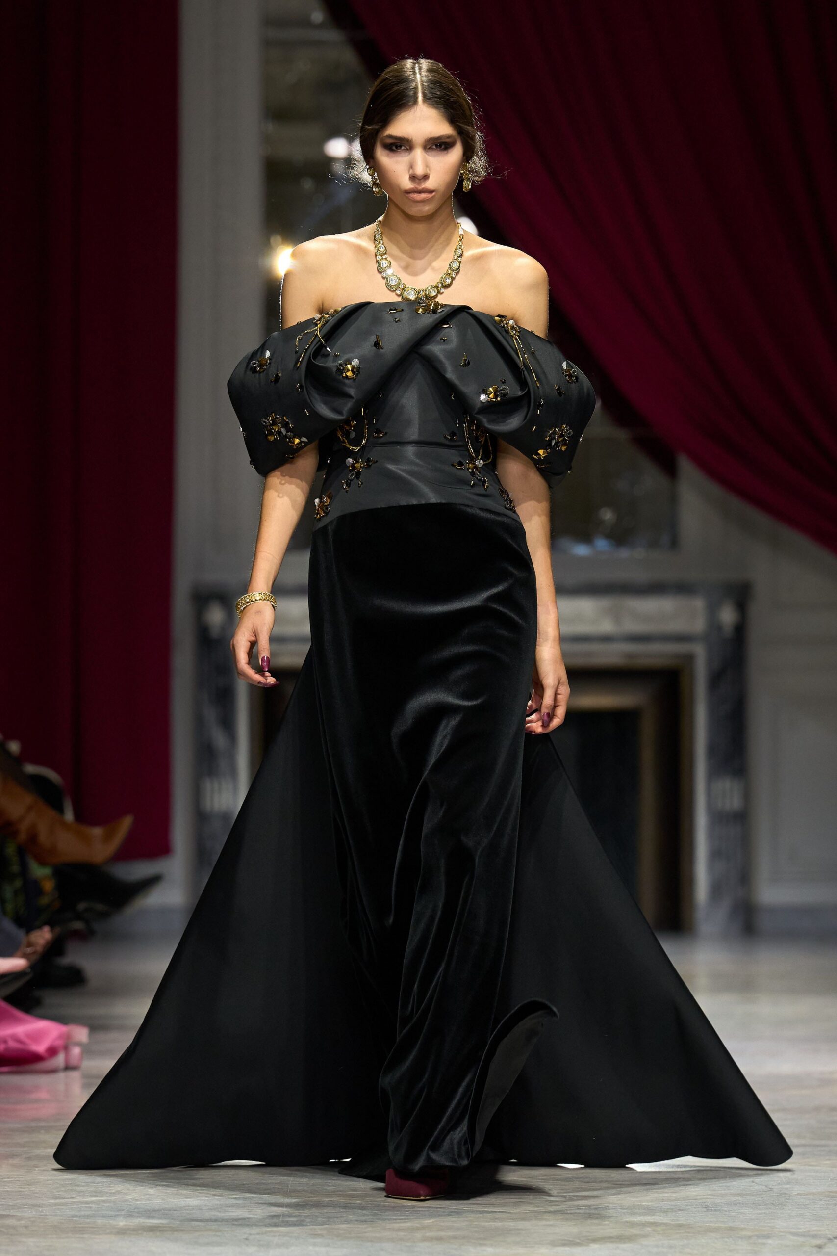black velvet off-shoulder long-sleeve fitted pleated embroidered gown