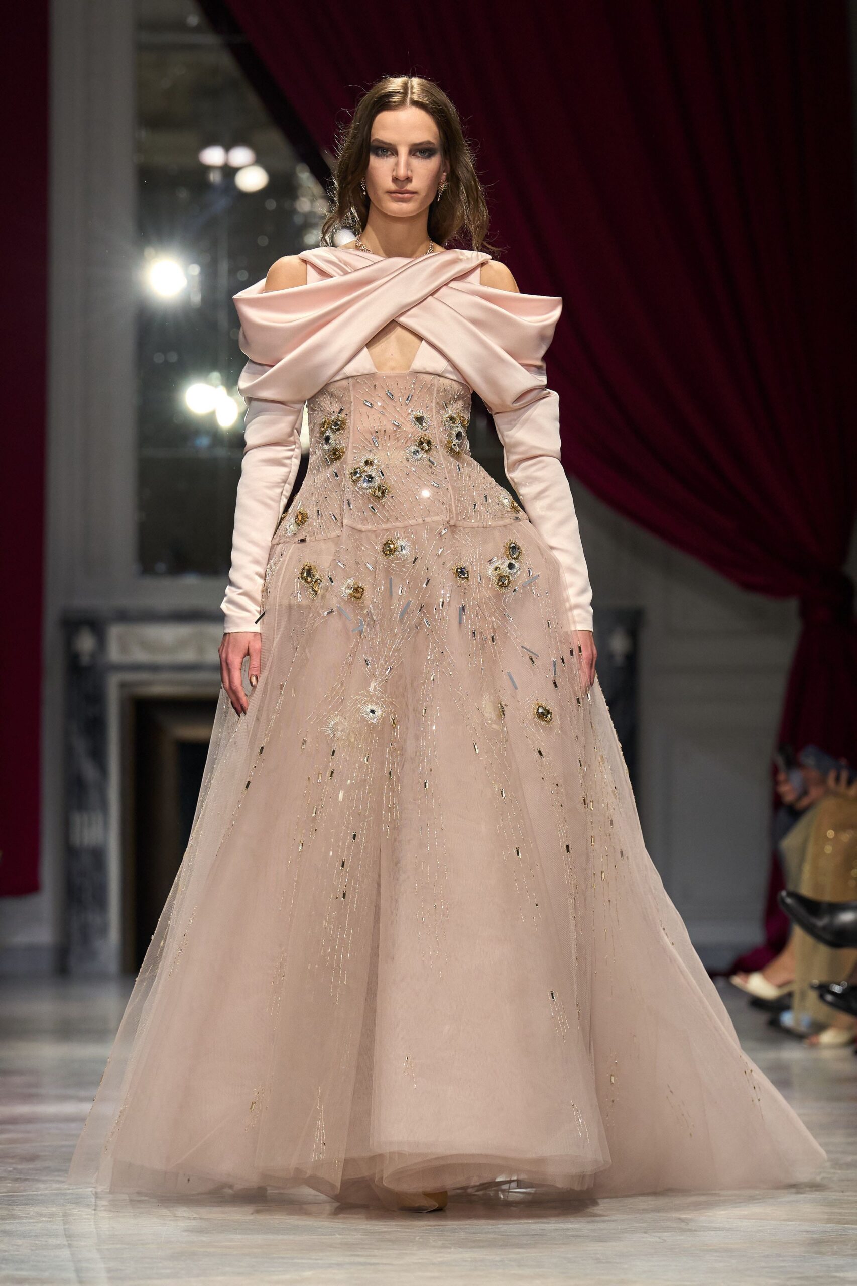 pink embroidered off-shoulder gown