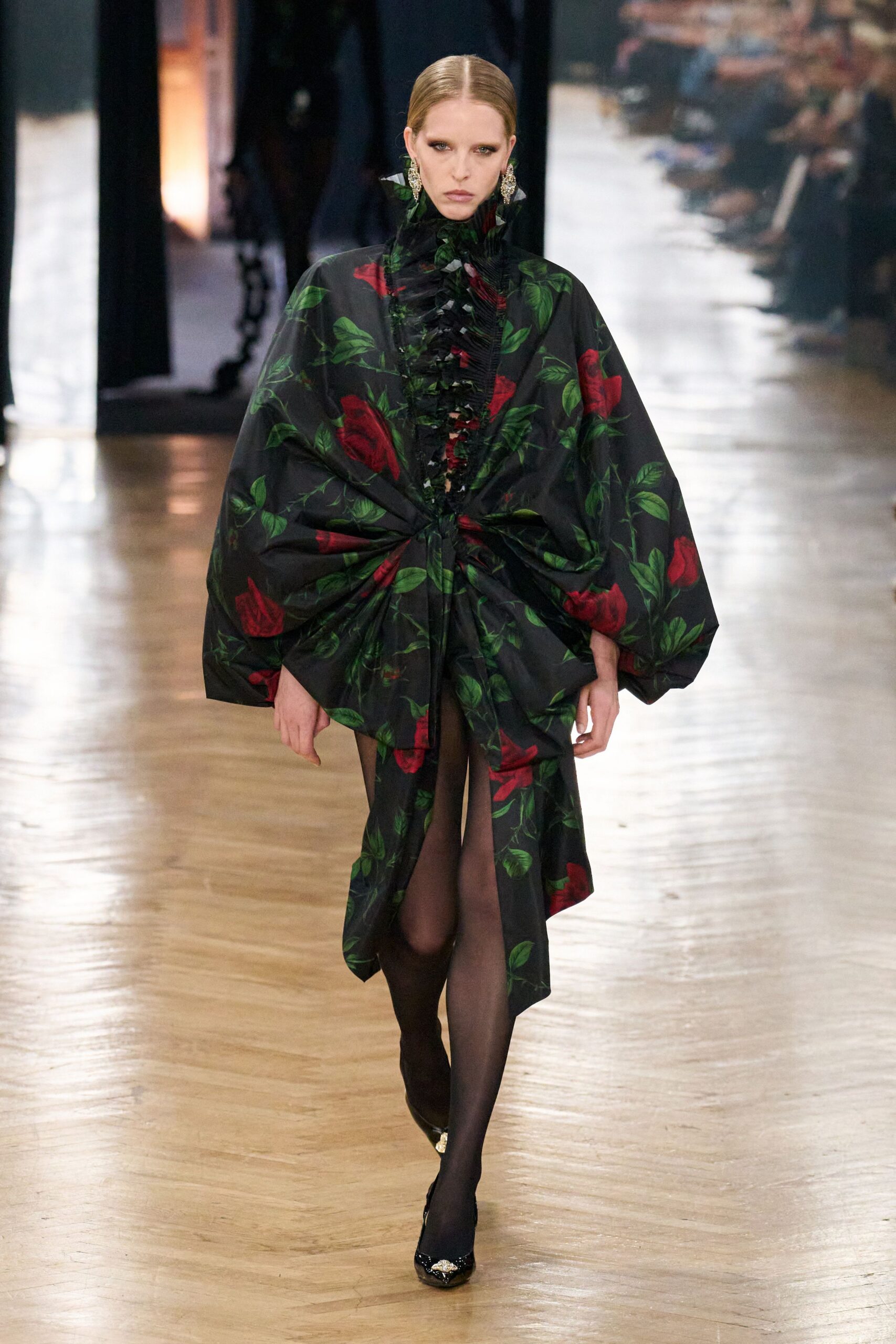 black silk long-sleeve v-neck relaxed floral ruffled dress