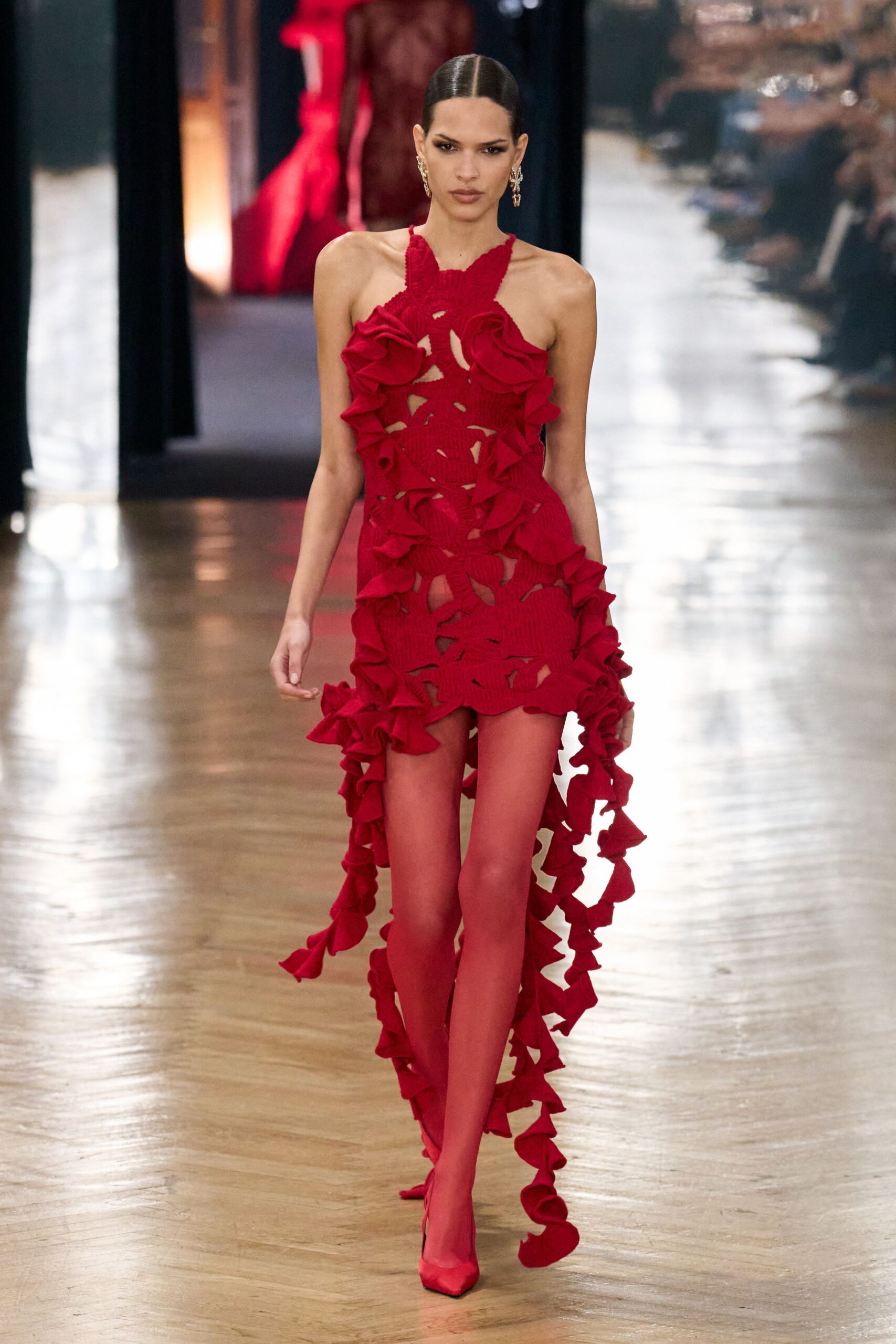 red lace sleeveless halter fitted ruffled flared dress