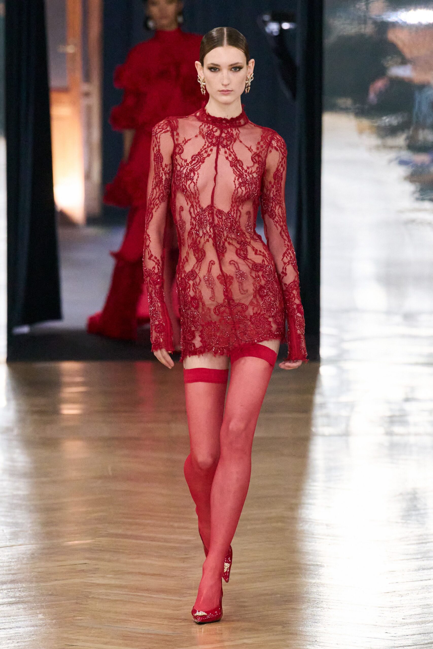 red lace long-sleeve v-neck fitted embroidered dress