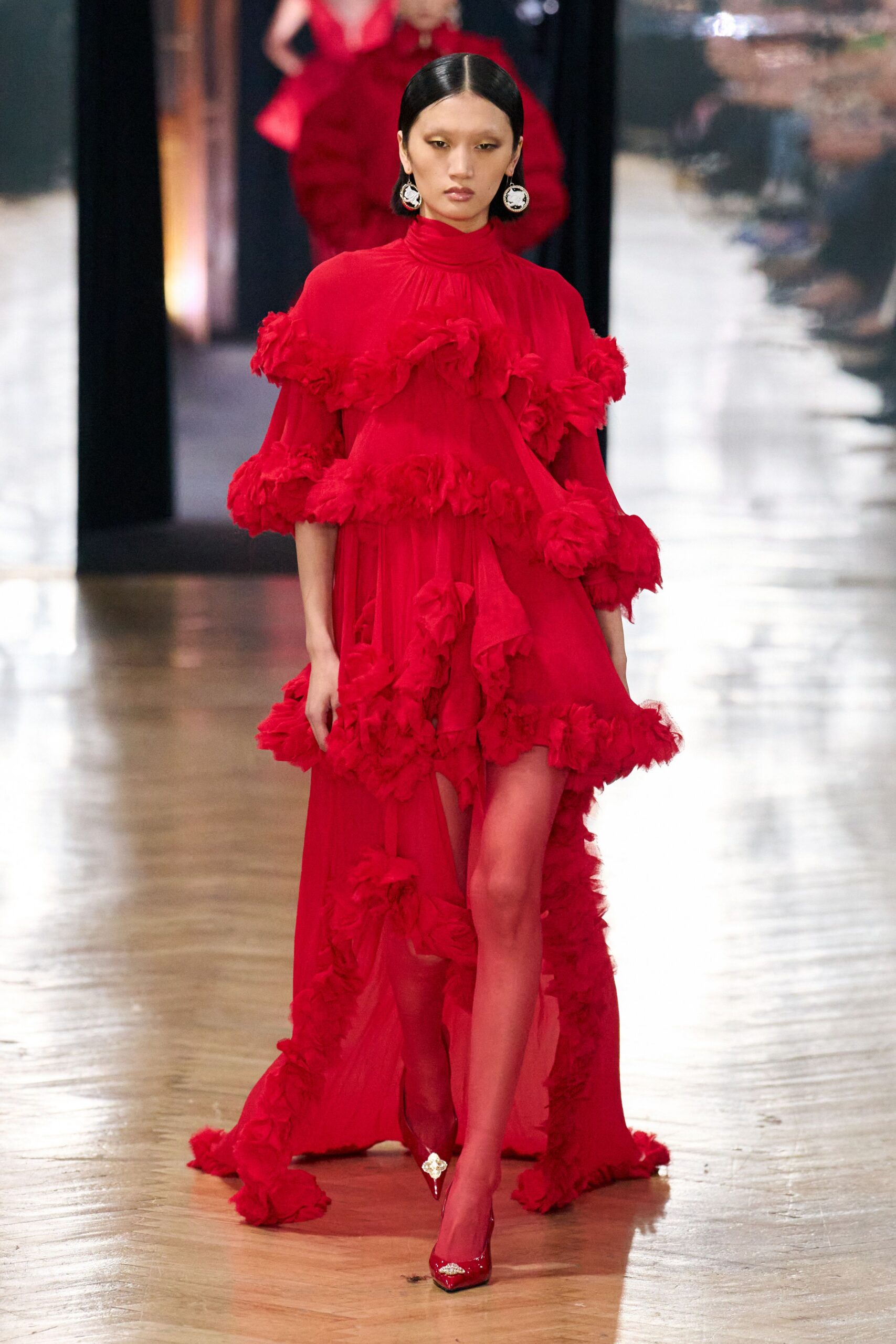 red silk long-sleeve high-neck fitted ruffled layered gown