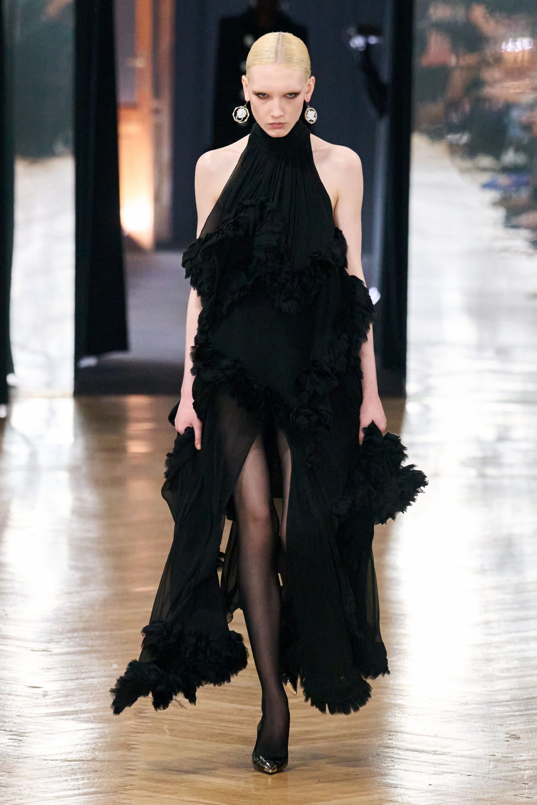 black silk sleeveless high-neck fitted ruffled layered gown
