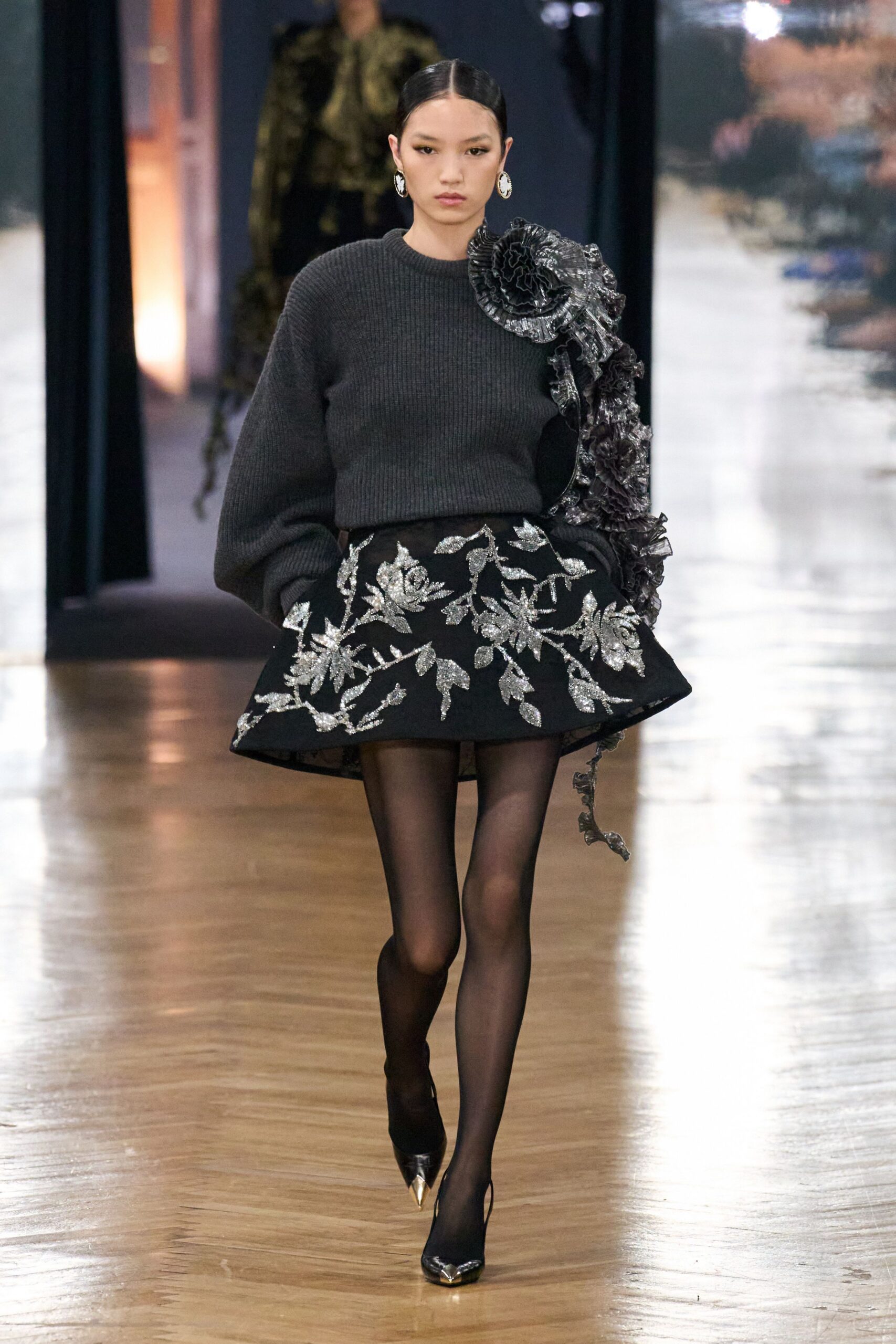 black silk fitted embroidered a-line mini skirt