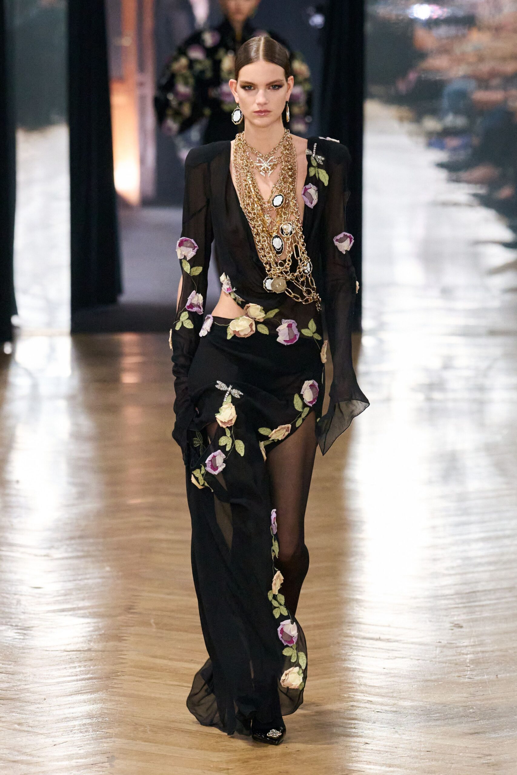 black silk long-sleeve v-neck fitted floral layered gown