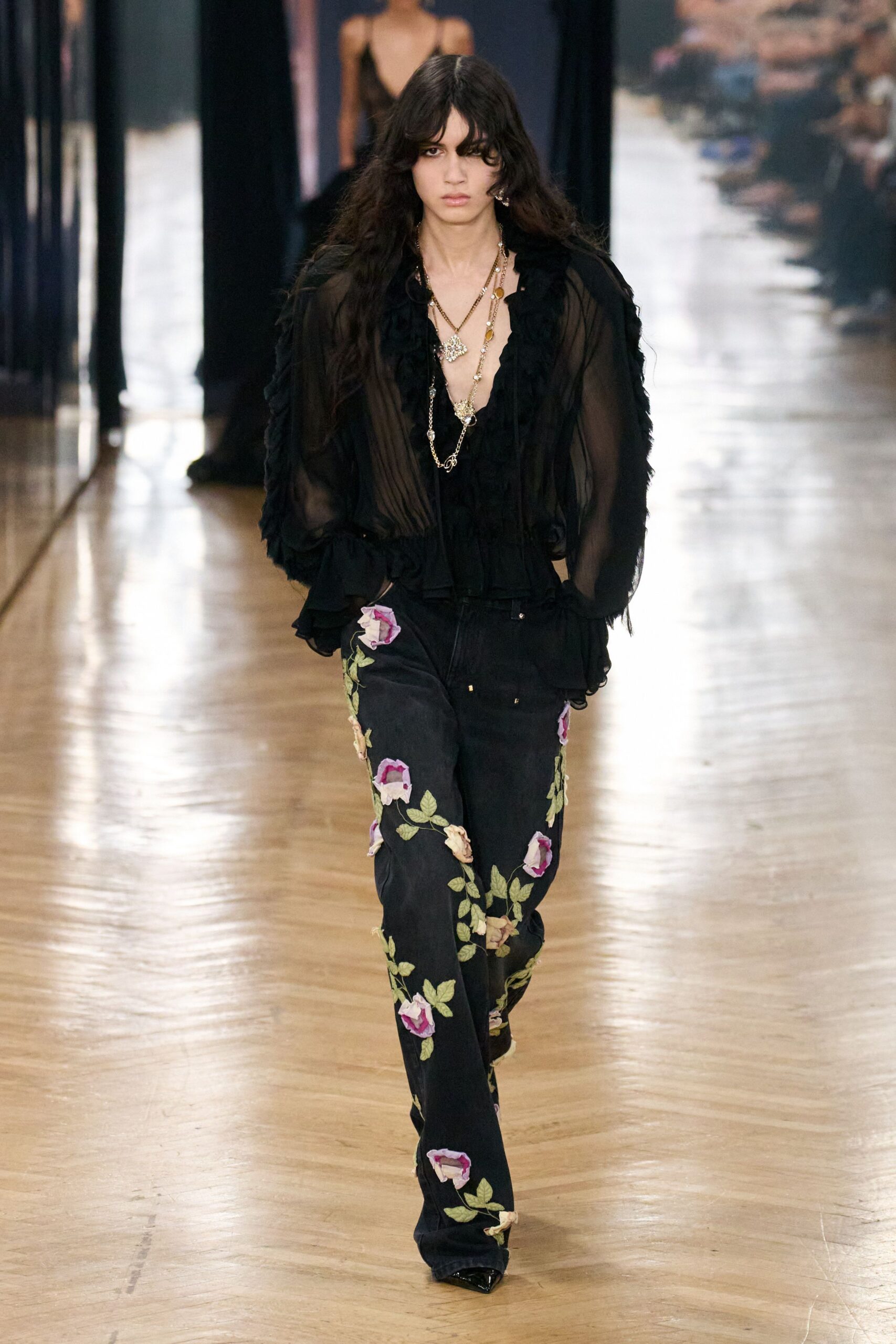 black silk long-sleeve v-neck fitted ruffled sheer top