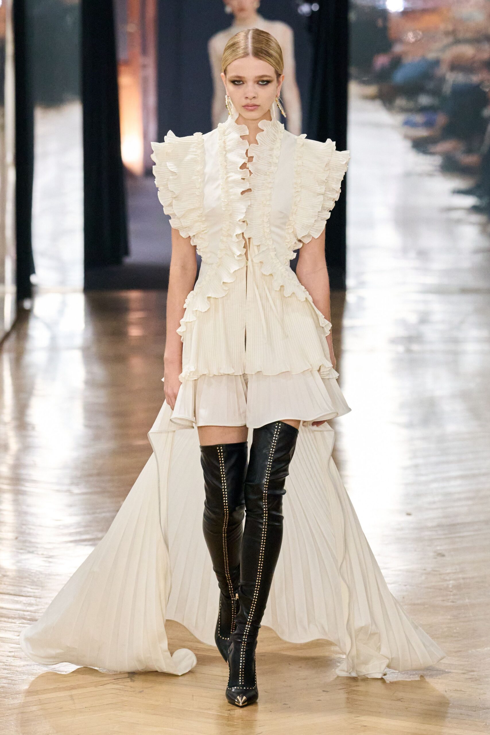white silk sleeveless collared fitted ruffled layered dress