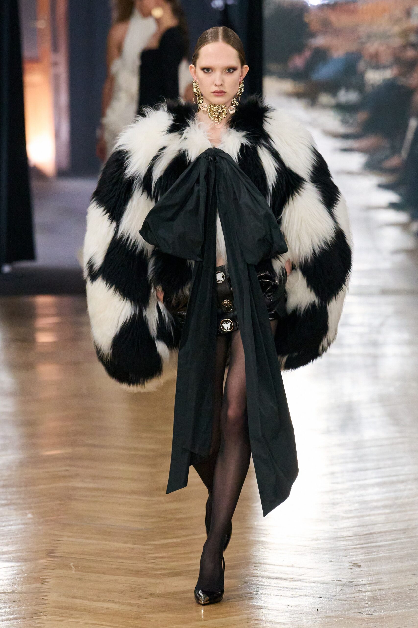 black fur oversized striped coat