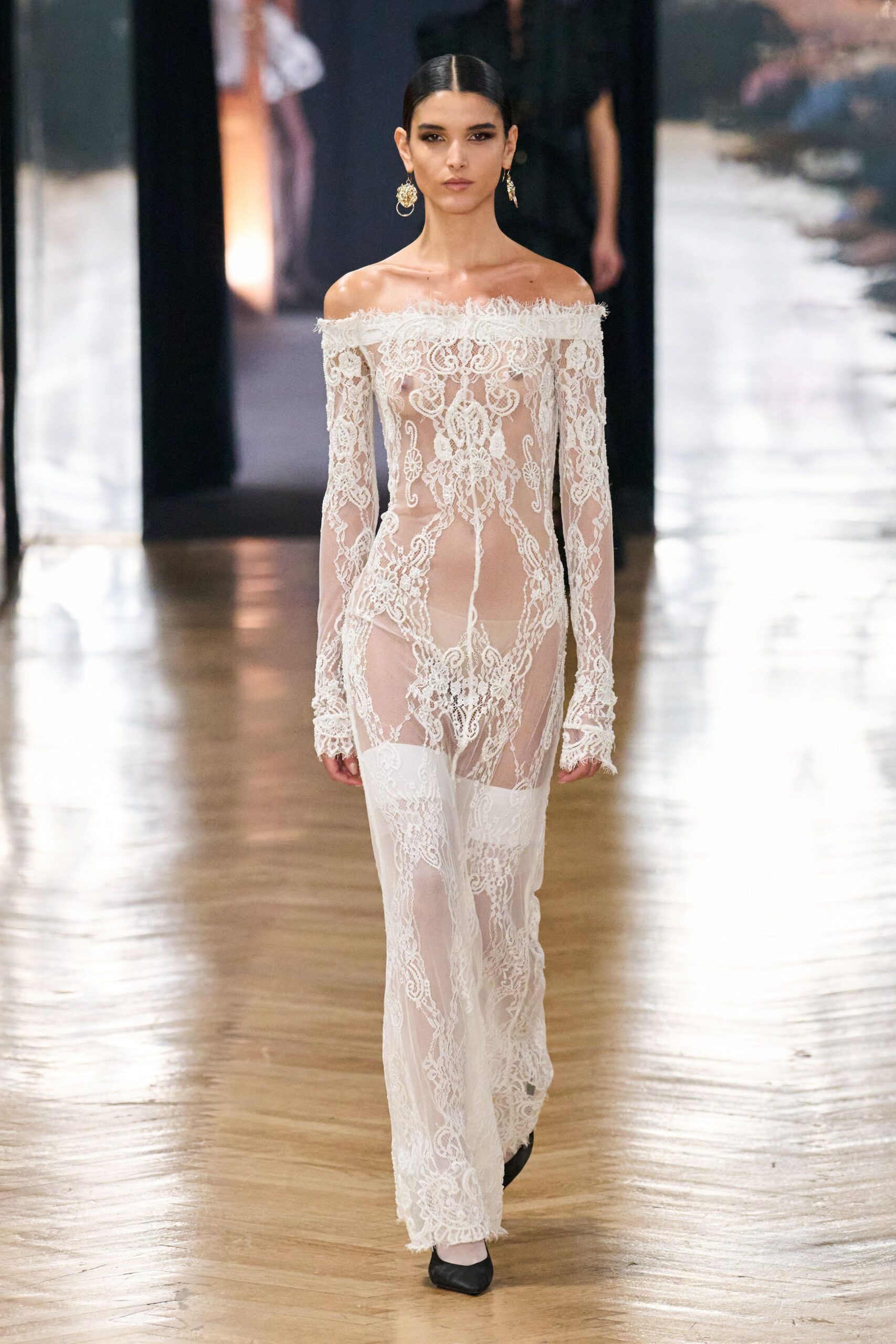 white lace long-sleeve off-shoulder fitted embroidered gown
