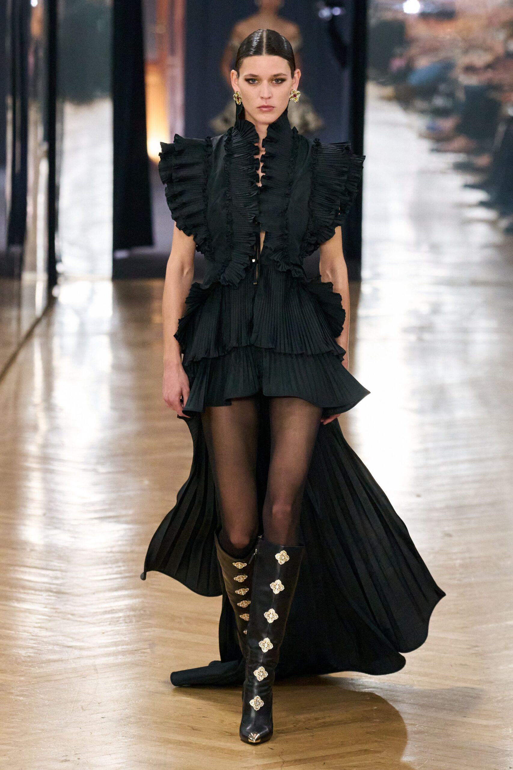 black silk sleeveless v-neck fitted pleated ruffled dress