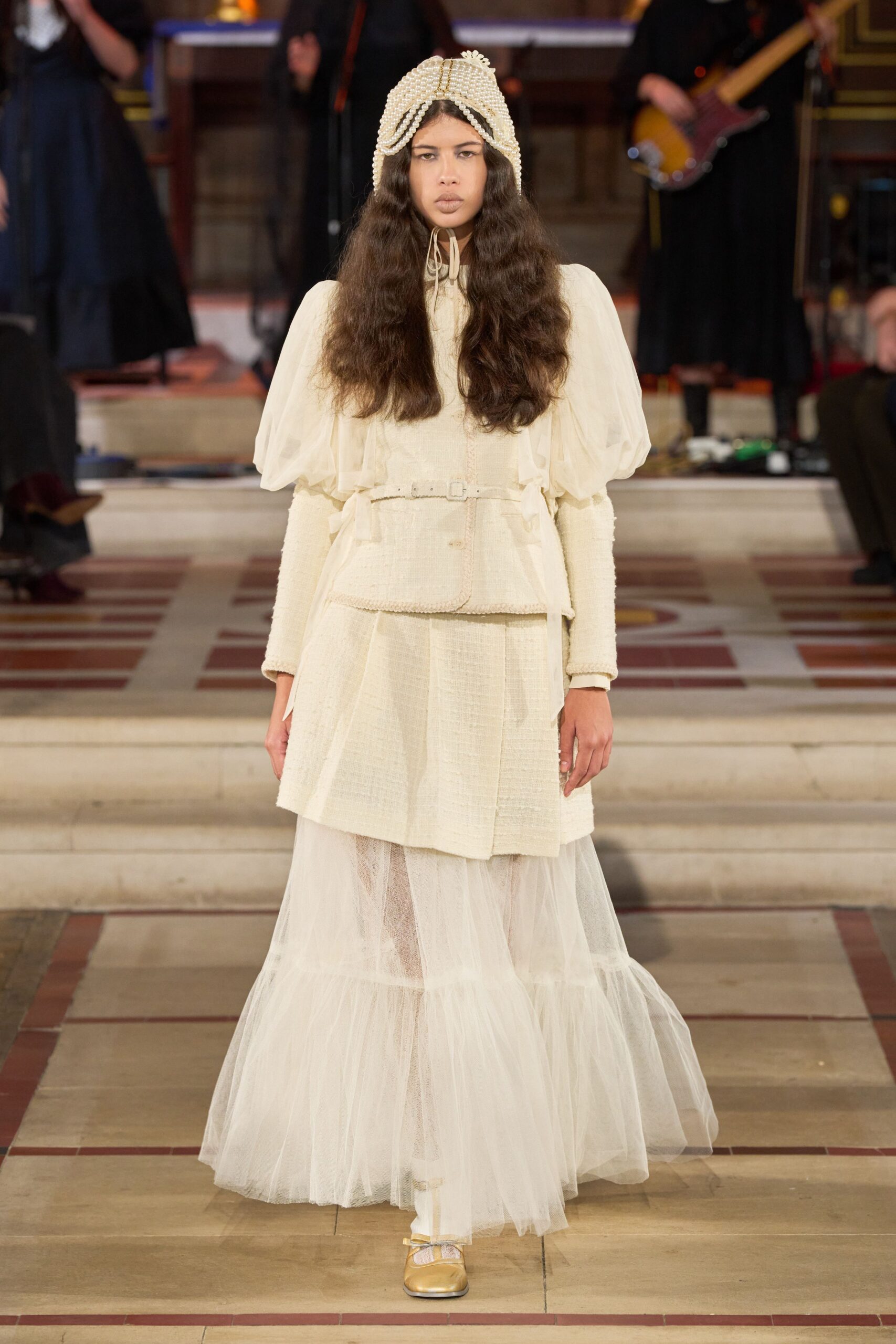 white cotton long-sleeve collared fitted pleated layered dress