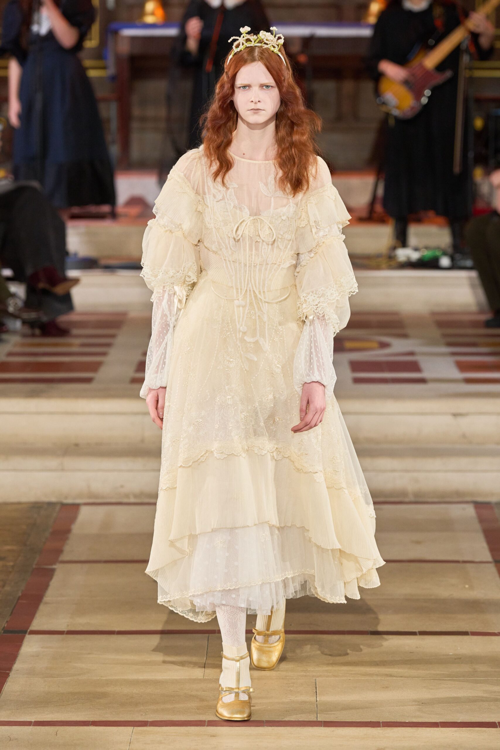 ivory silk long-sleeve v-neck relaxed ruffled layered dress
