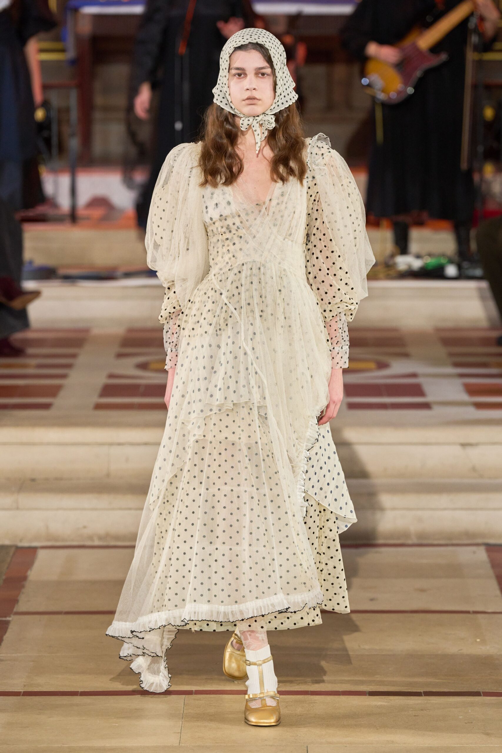 beige chiffon long-sleeve v-neck fitted polka-dot tiered dress