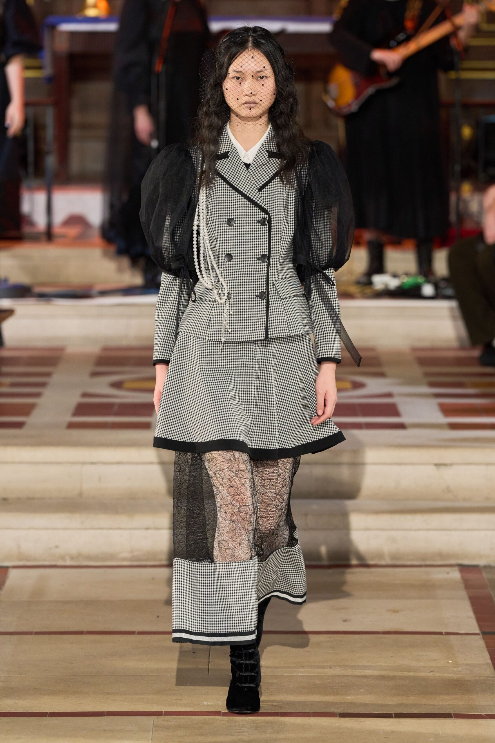 black cotton long-sleeve collared tailored checked layered suit