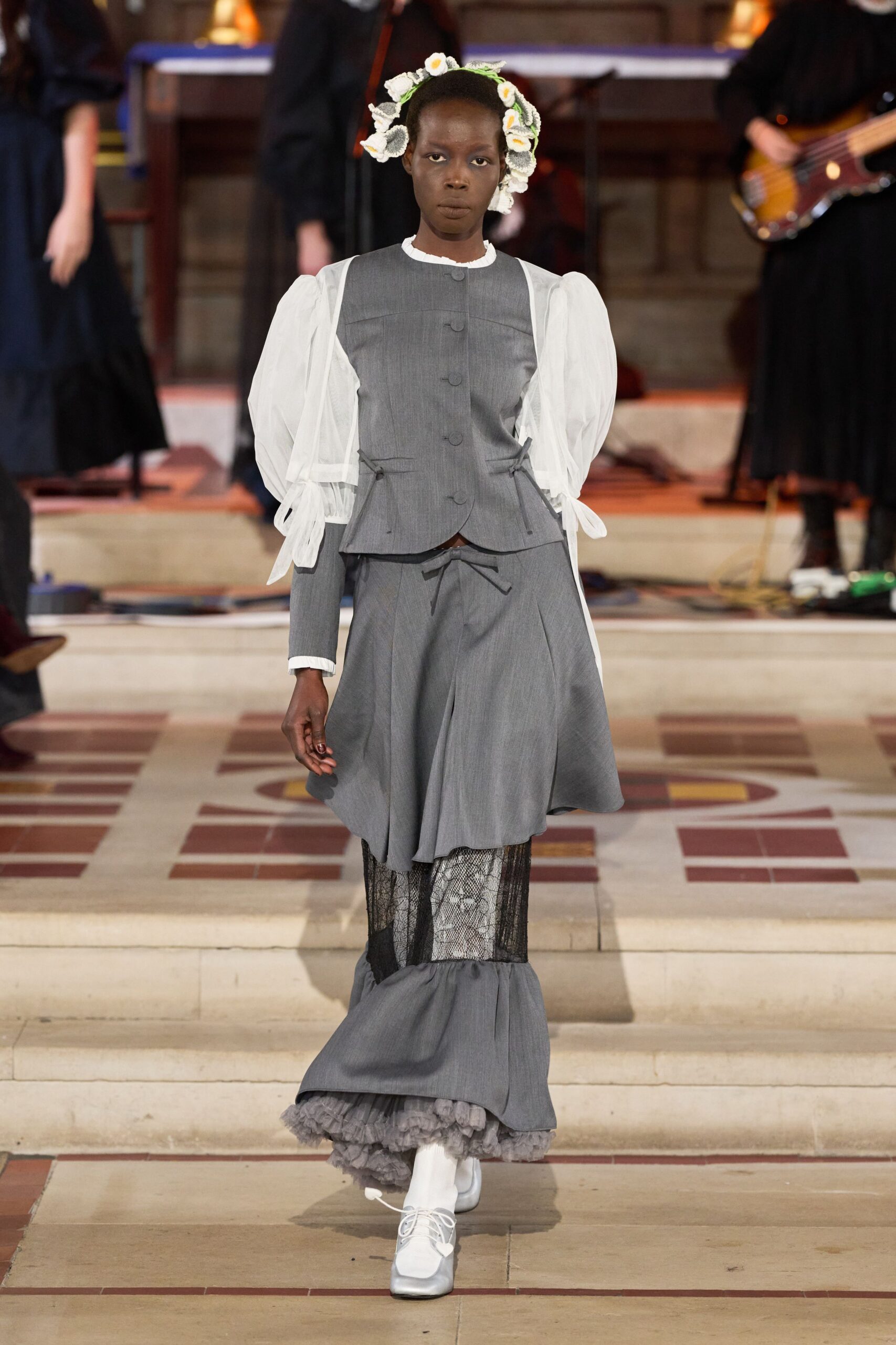 gray cotton fitted tiered midi skirt