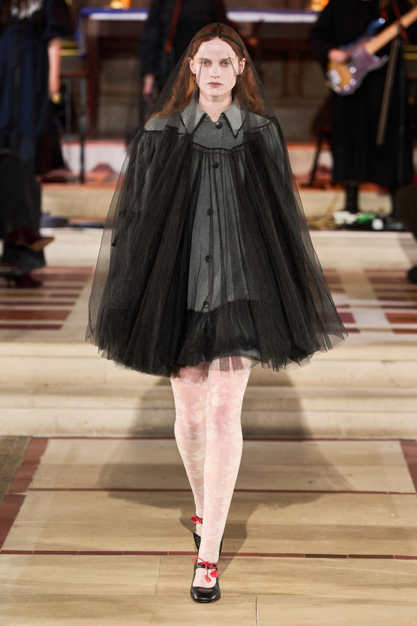 black tulle long-sleeve collared fitted layered pleated dress