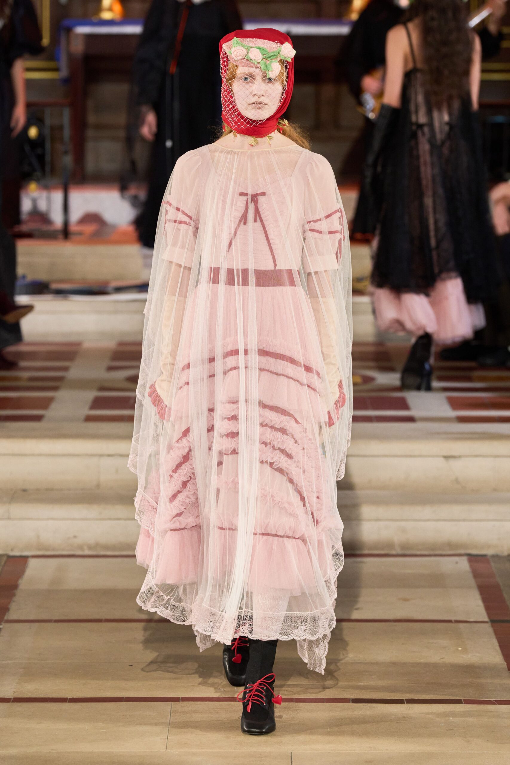 pink tulle sleeveless high-neck relaxed pleated layered dress